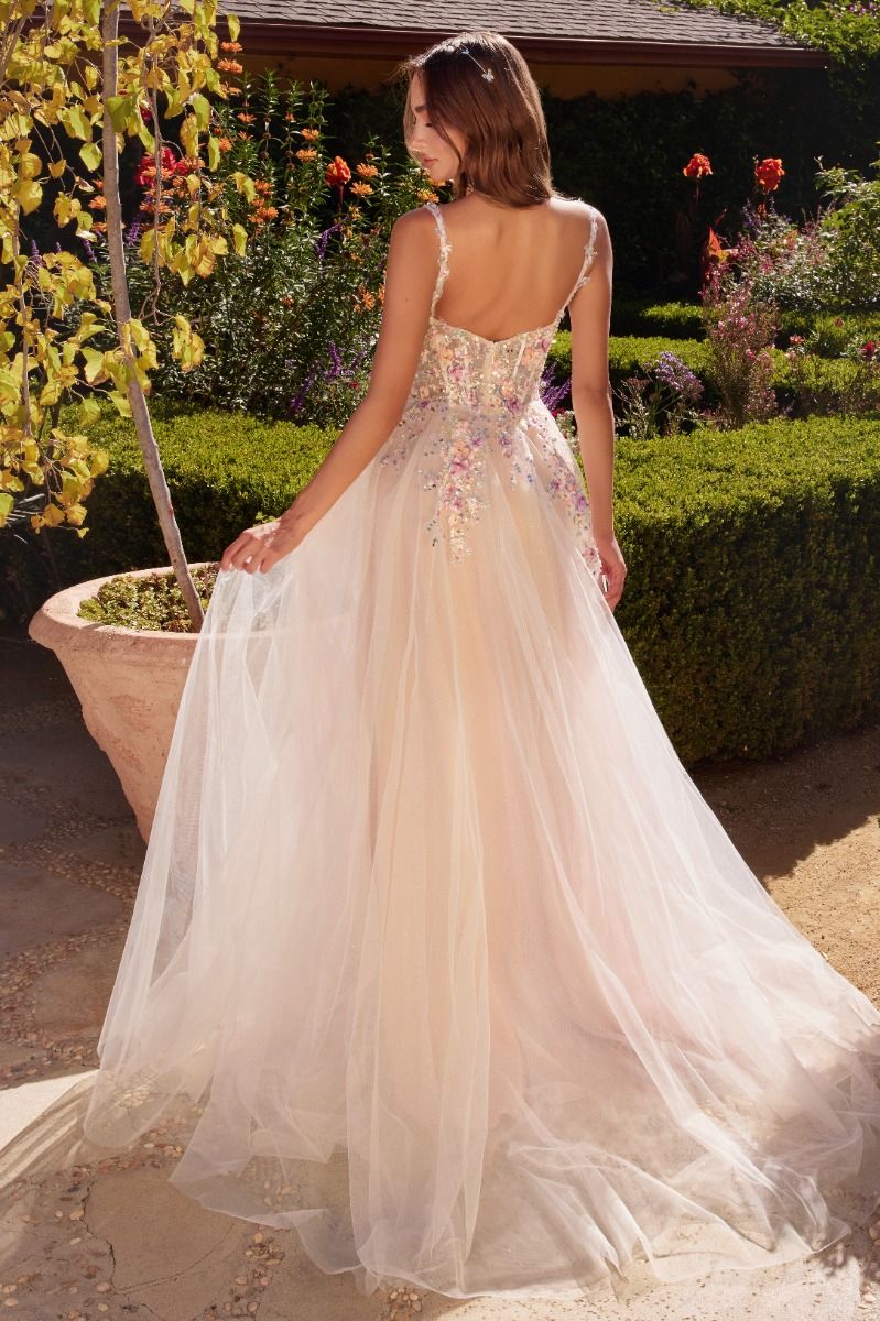 WHITE A-LINE DRESS WITH MULTI COLORED FLORAL EMBELLISHMENT CDA1288