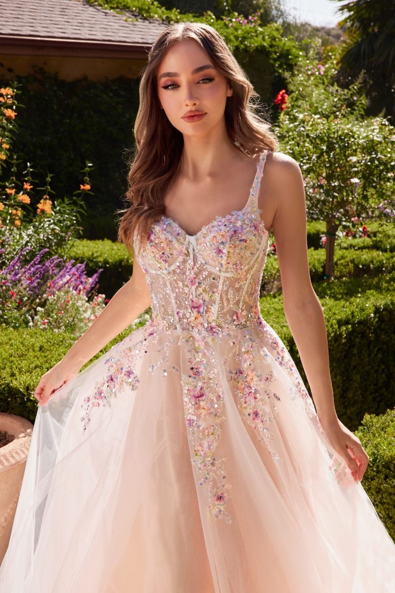 WHITE A-LINE DRESS WITH MULTI COLORED FLORAL EMBELLISHMENT CDA1288