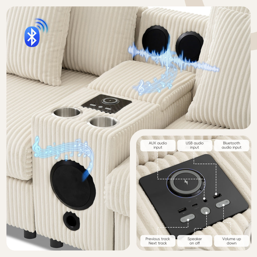 Modular Corduroy Sectional Sofa with Bluetooth Speakers, USB Charger, Cup Holders, Storage, Ottoman, 114*64'' Cream