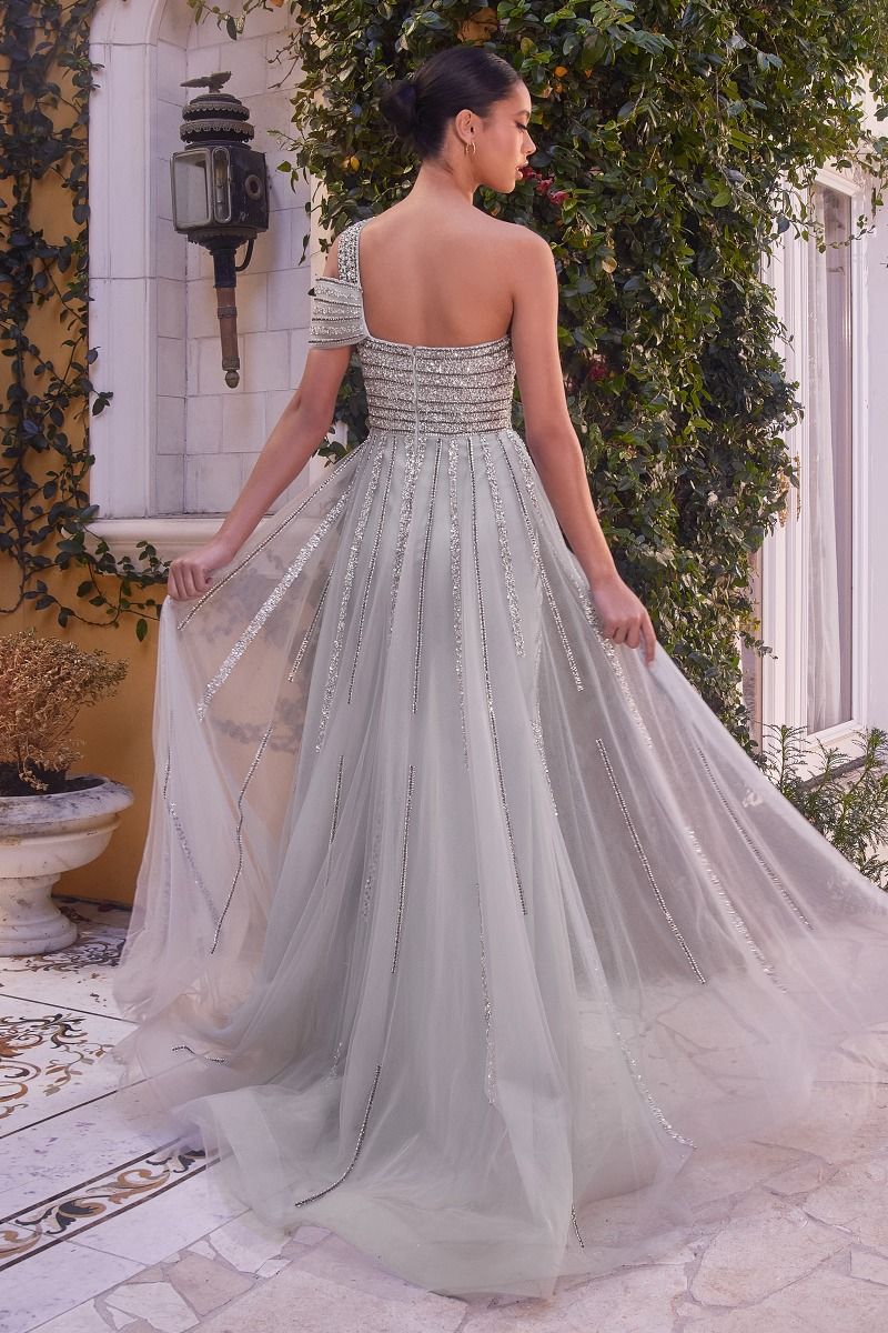 ONE SHOULDER SILVER BEADED GOWN CDA1314