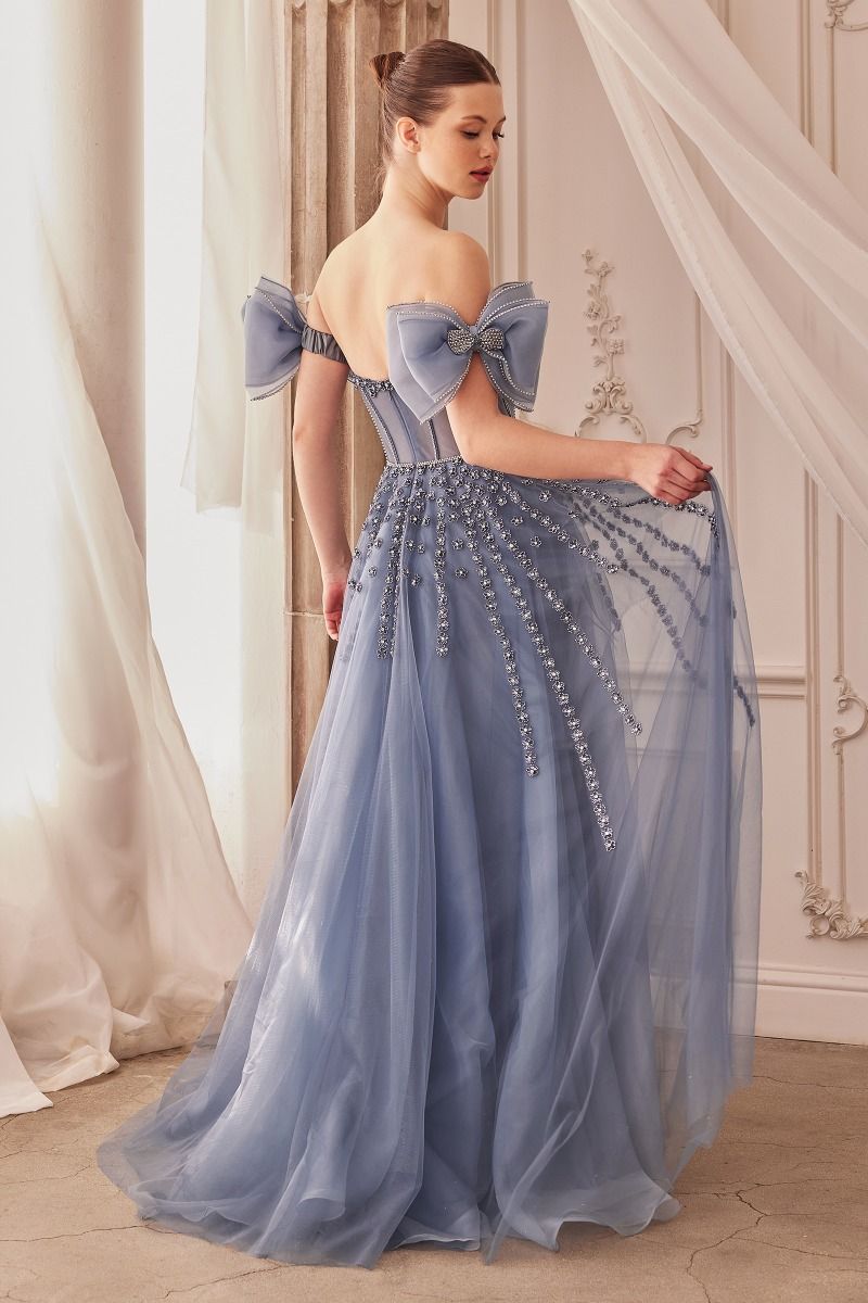 Blush Nude, Dusty Blue | Off-Shoulder Beaded Tulle Gown with 3D Petal Accents & Sweetheart Corset CDA1338