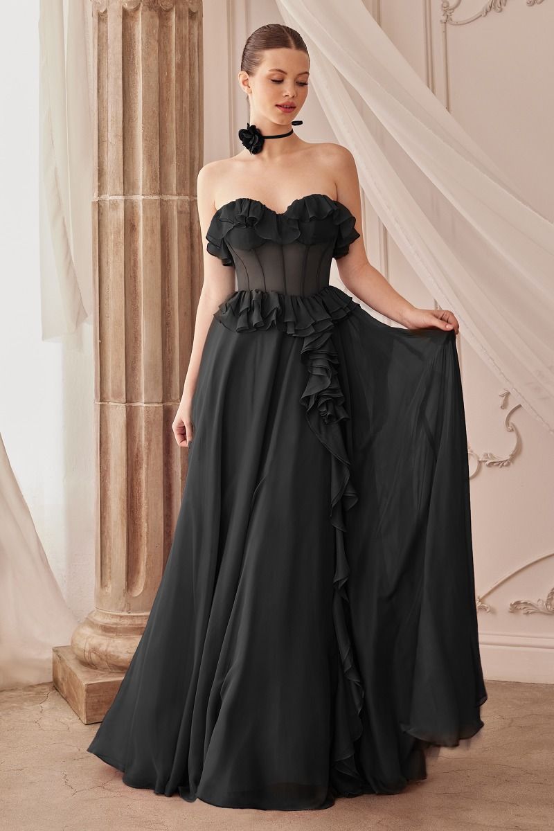 STRAPLESS CHIFFON RUFFLE A-LINE DRESS CDA1341