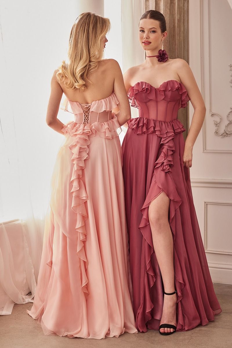 STRAPLESS CHIFFON RUFFLE A-LINE DRESS CDA1341