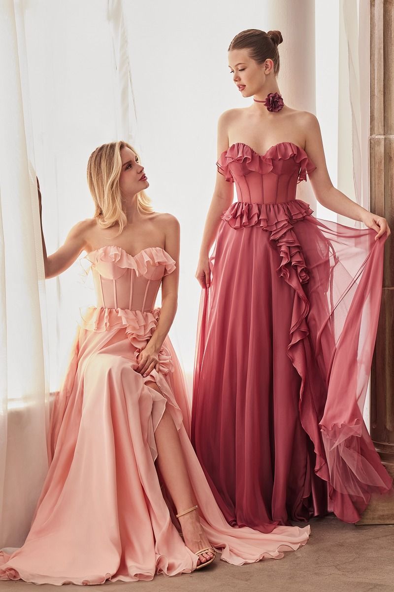 STRAPLESS CHIFFON RUFFLE A-LINE DRESS CDA1341