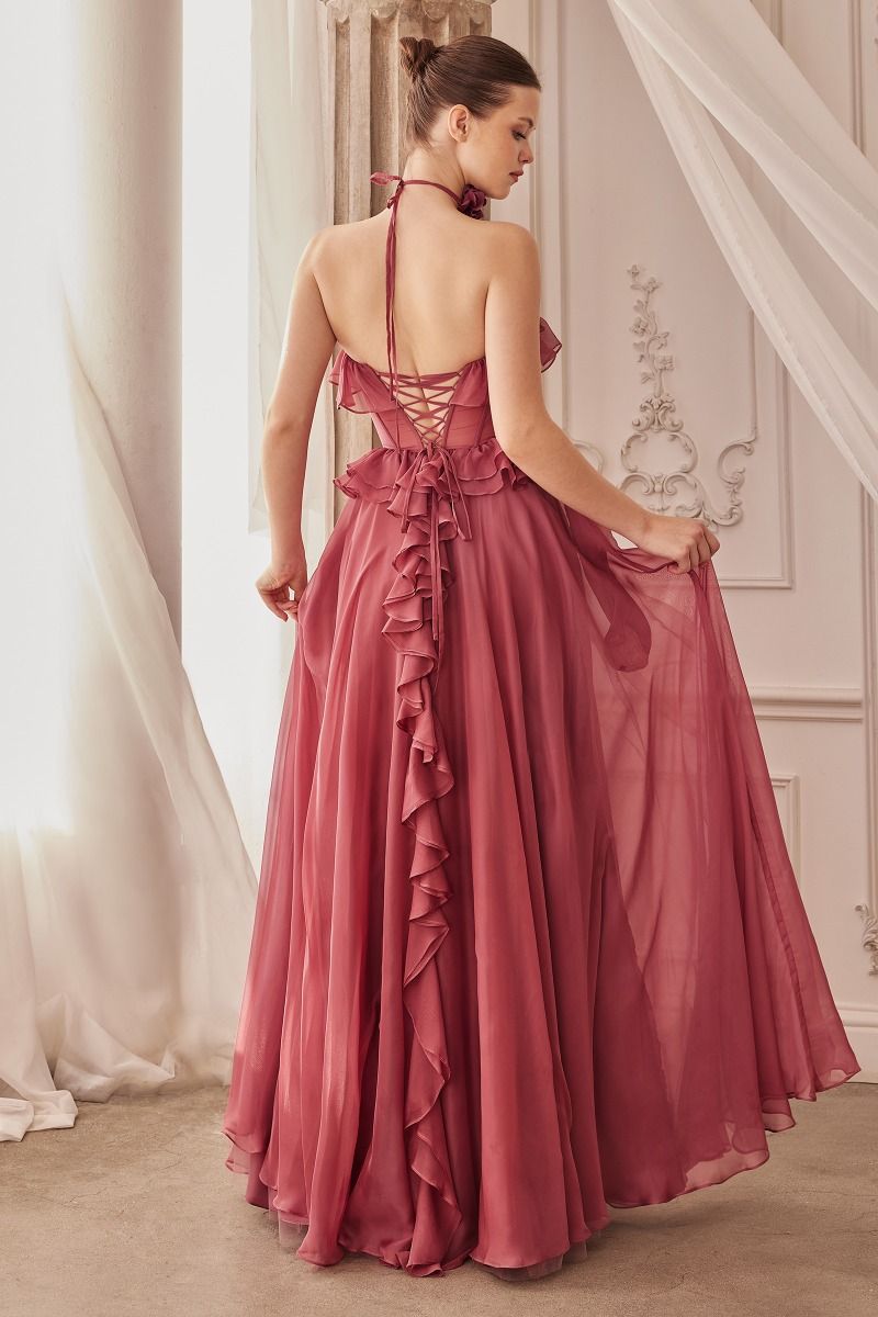 STRAPLESS CHIFFON RUFFLE A-LINE DRESS CDA1341