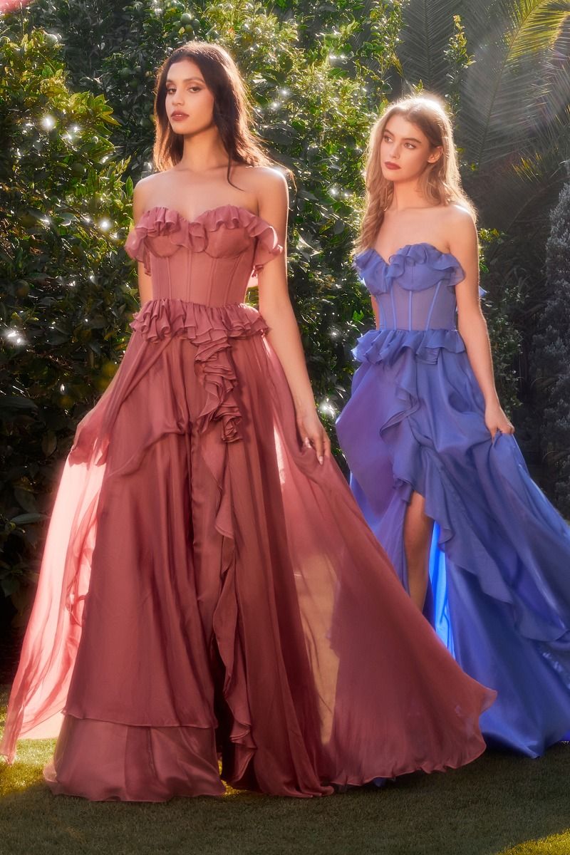 STRAPLESS CHIFFON RUFFLE A-LINE DRESS CDA1341