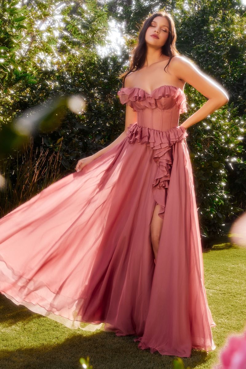 STRAPLESS CHIFFON RUFFLE A-LINE DRESS CDA1341