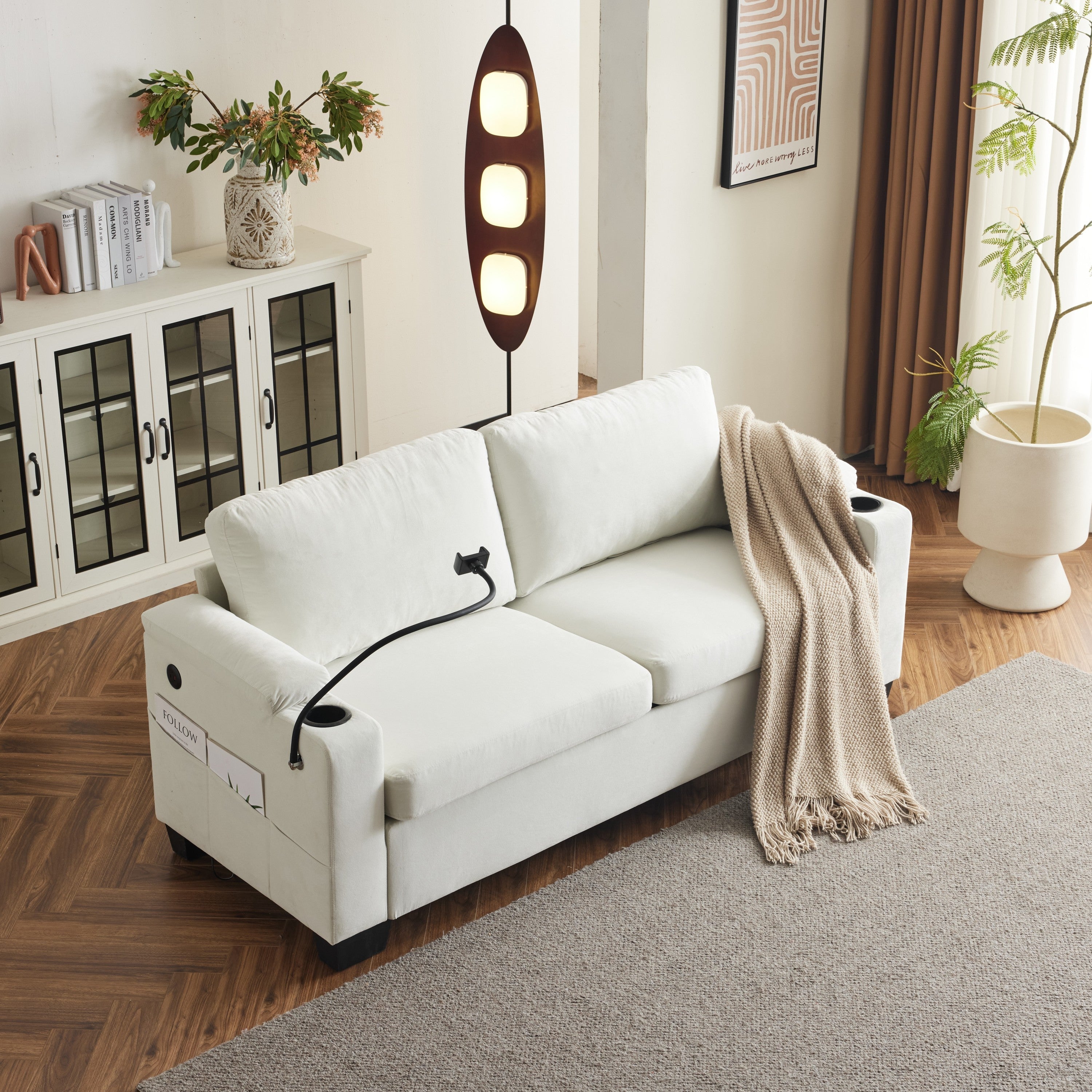 Pull-out sofa bed, chenille material, pull-out queen sofa bed, with USB charging, mobile phone holder, memory sofa, removable and washable cushions, suitable for living room, bedroom, apartment, white