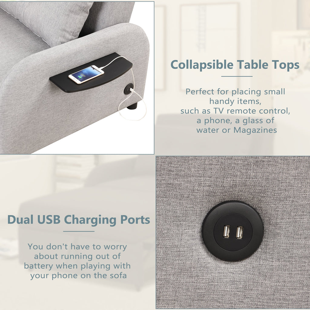 3-in-1 Pull Out Sofa Sleeper with Wing Table and USB Charge, Gray Linen, Iron Frame, 36.2-71.7'D x 42.9'W x 35.8'H