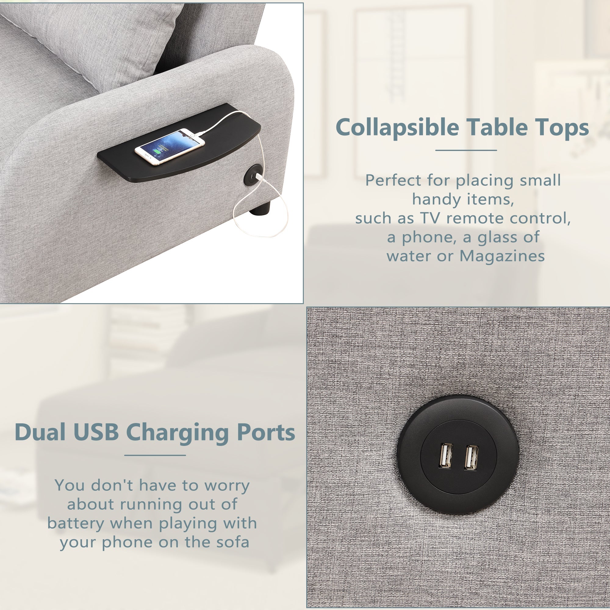 3-in-1 Pull Out Sofa Sleeper with Wing Table and USB Charge, Gray Linen, Iron Frame, 36.2-71.7'D x 42.9'W x 35.8'H