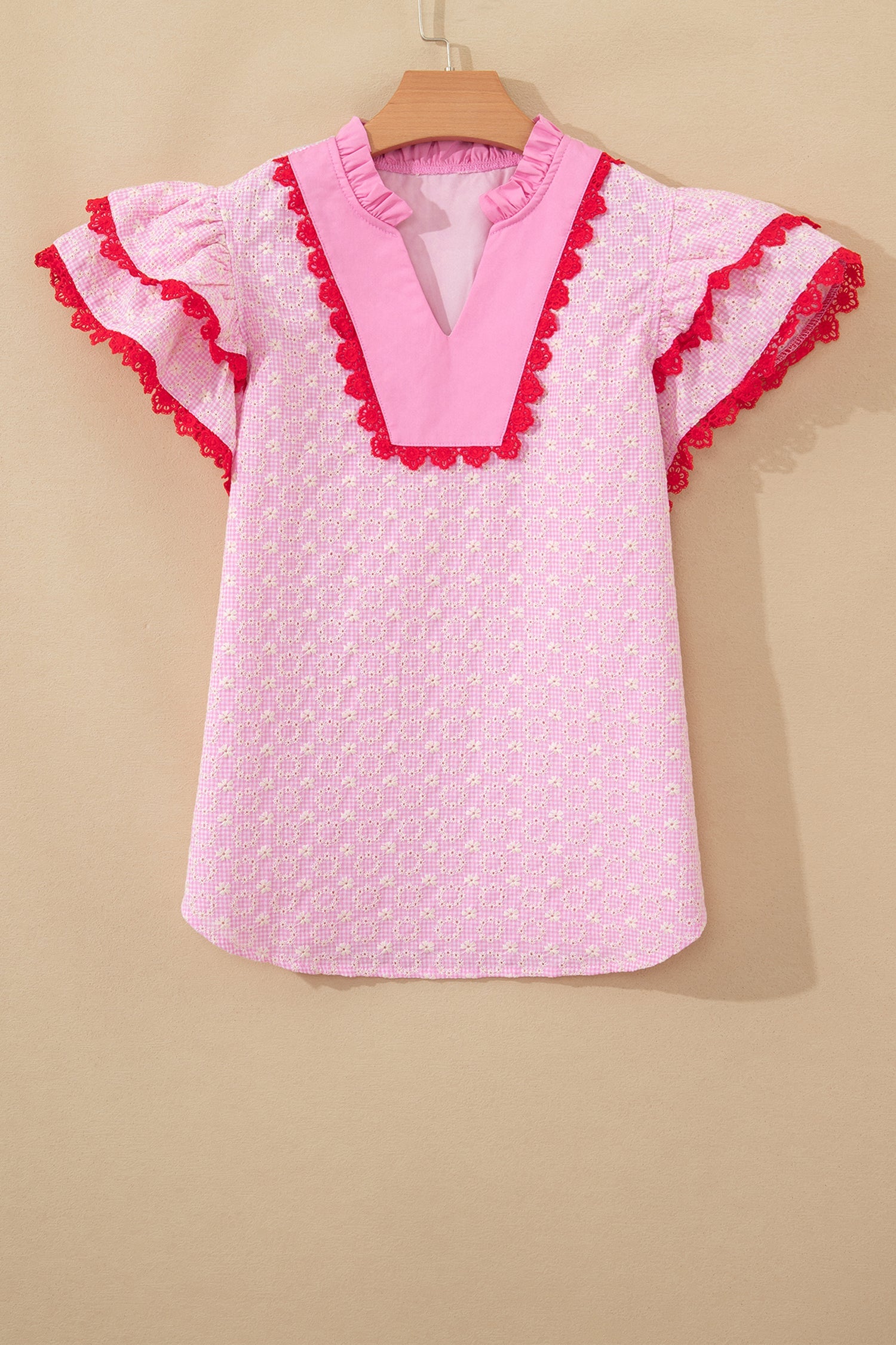 Flower Eyelet Embroidered Lace Flutter Sleeve Blouse