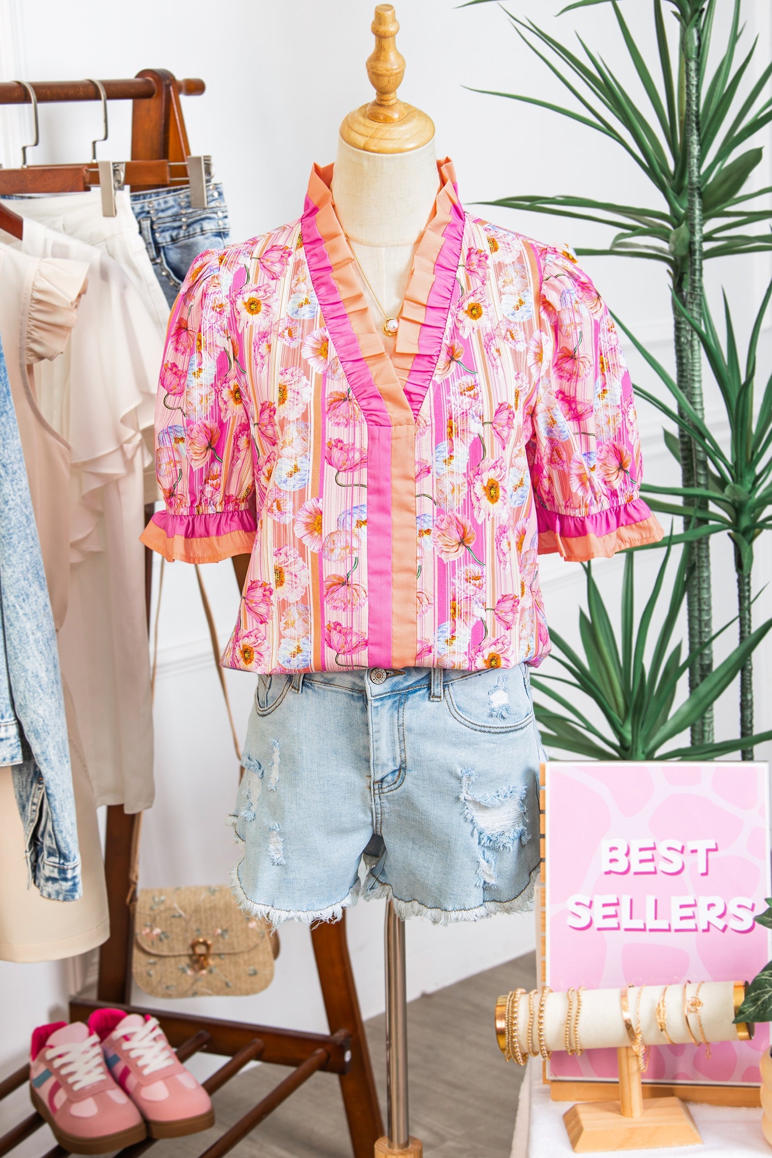 Floral Poppy Stripe Colorblock V-Neck Short Sleeve Blouse