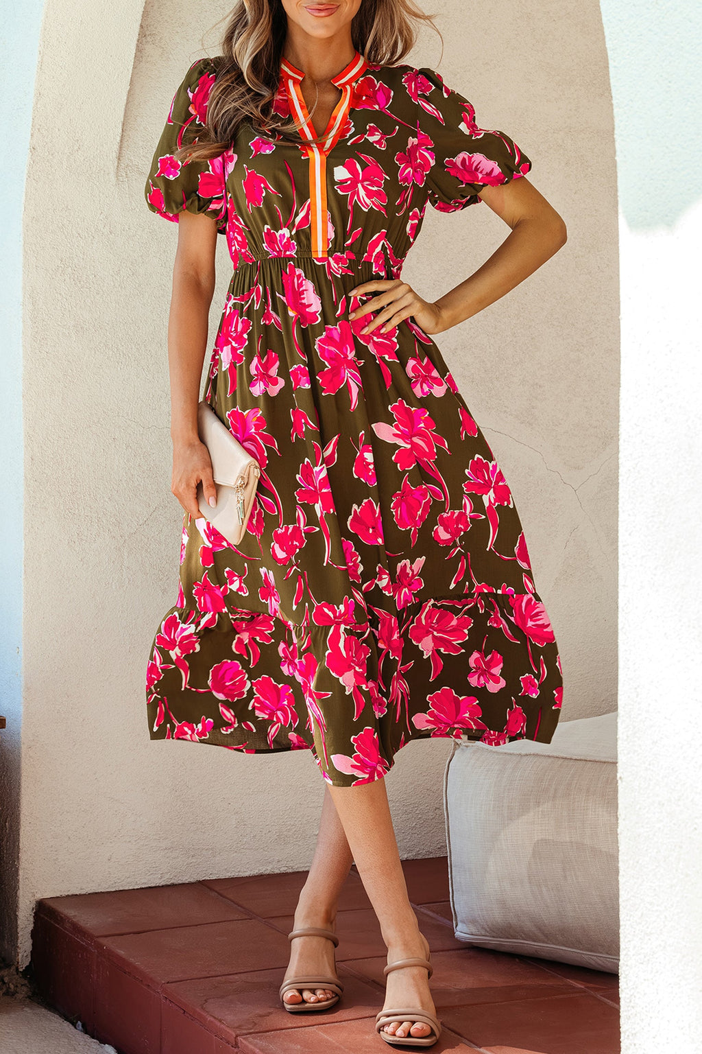 Floral Stripe Trim Short Puff Sleeve Maxi Dress