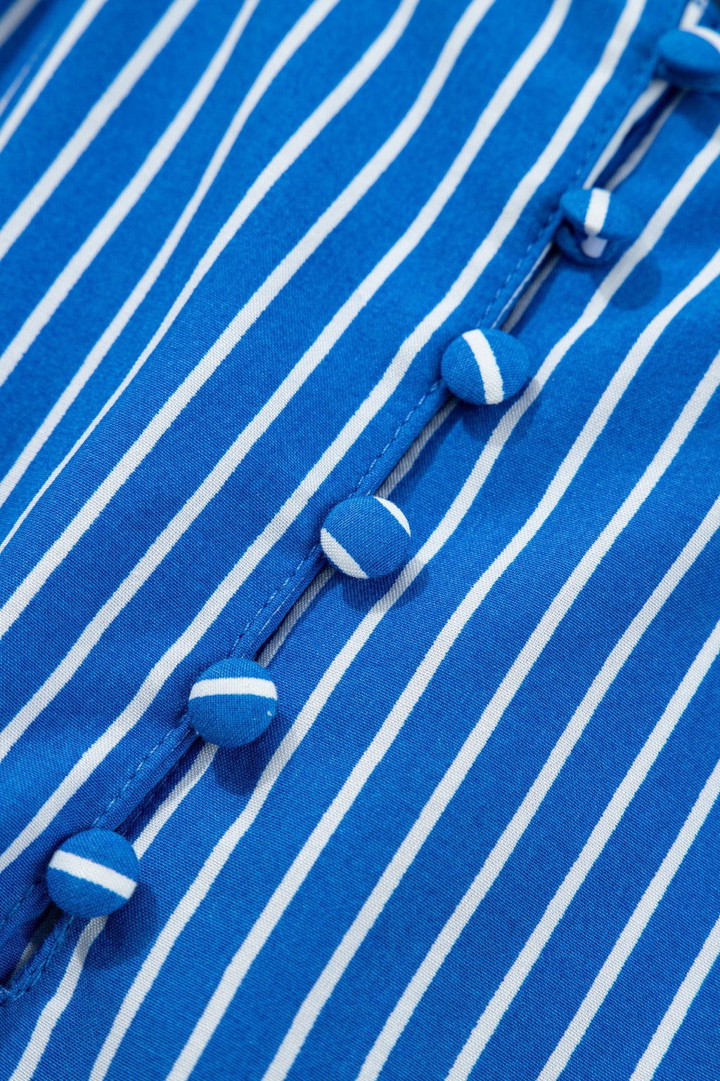 Stripe Ruffle Puff Sleeve Button Front Blouse