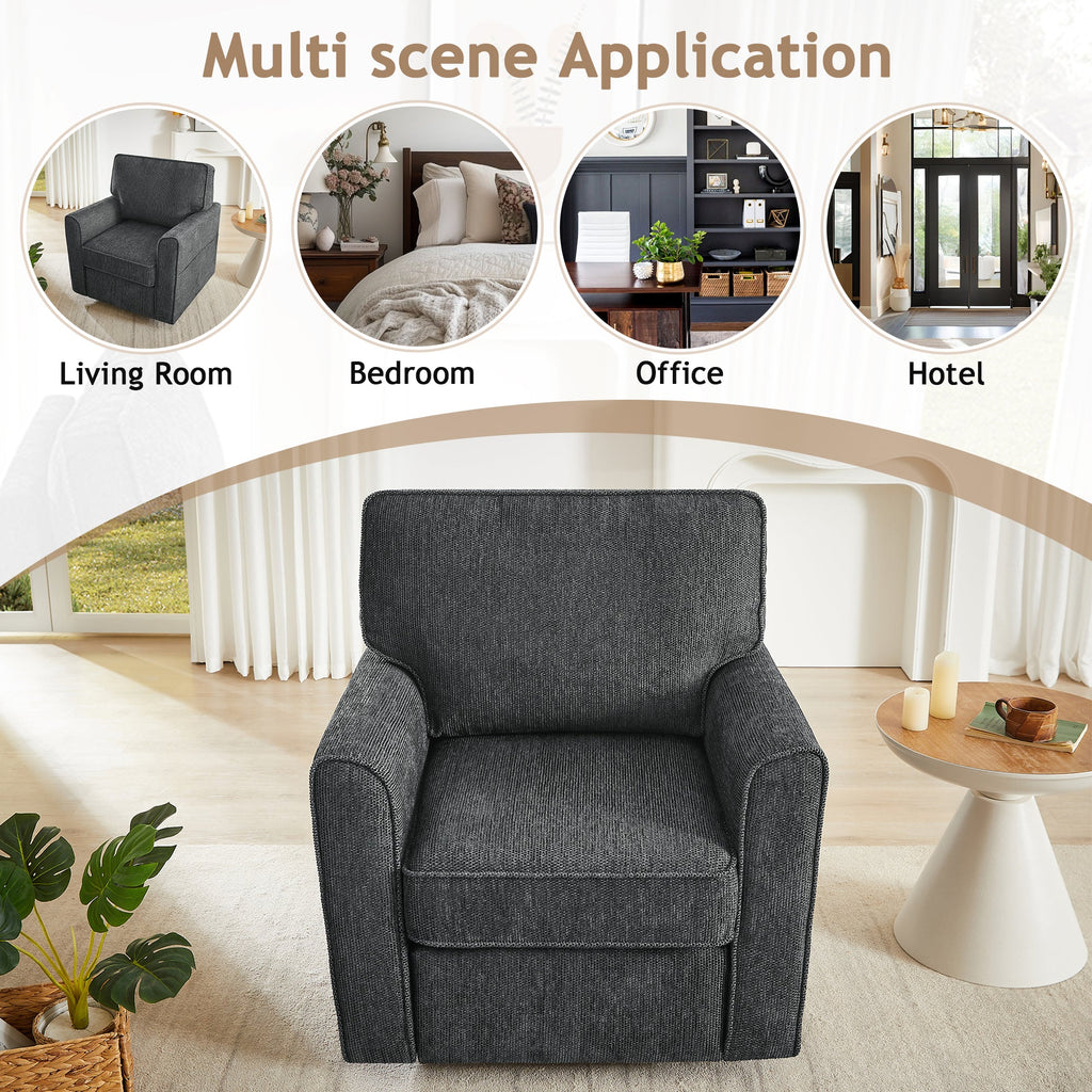 360° Swivel Chair Accent Barrel Armchair with Side Pockets, Grey Chenille, Compact Design for Living Room, Bedroom, Office