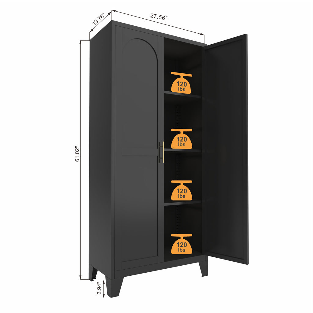 61'' 2 Shapely Doors Cabinet, Metal Storage Cabinet with Doors and Adjustable Shelves, for Bedroom, Living Room(Black)