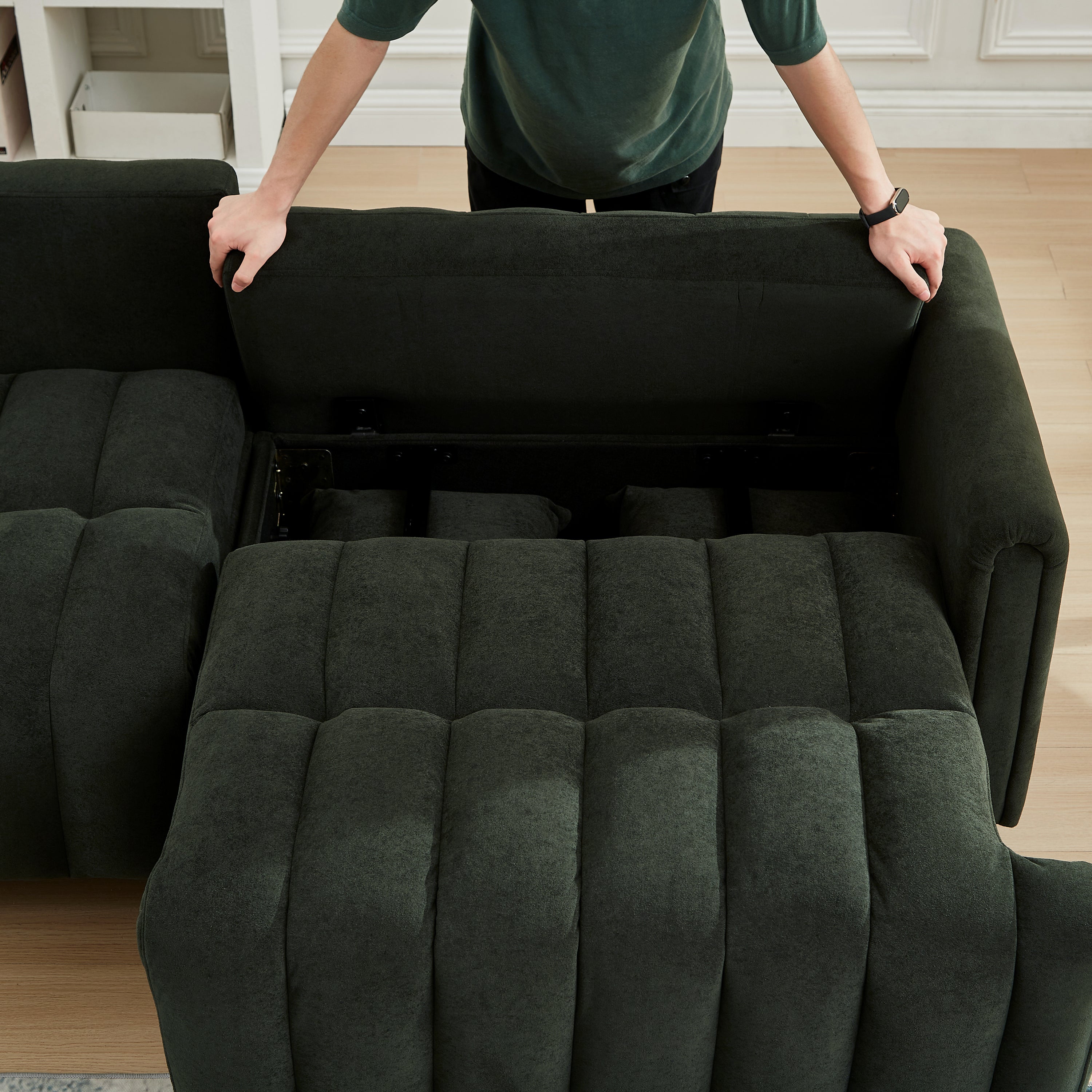 83'' Futon Sofa Bed, Polyester Fabric Comfy Futon Couch Bed with 2 Square Pillows, Convertible Sleeper Sofa with Adjustable Backrest,  Modern Loveseat Sleeper for Living Room, Dark Green