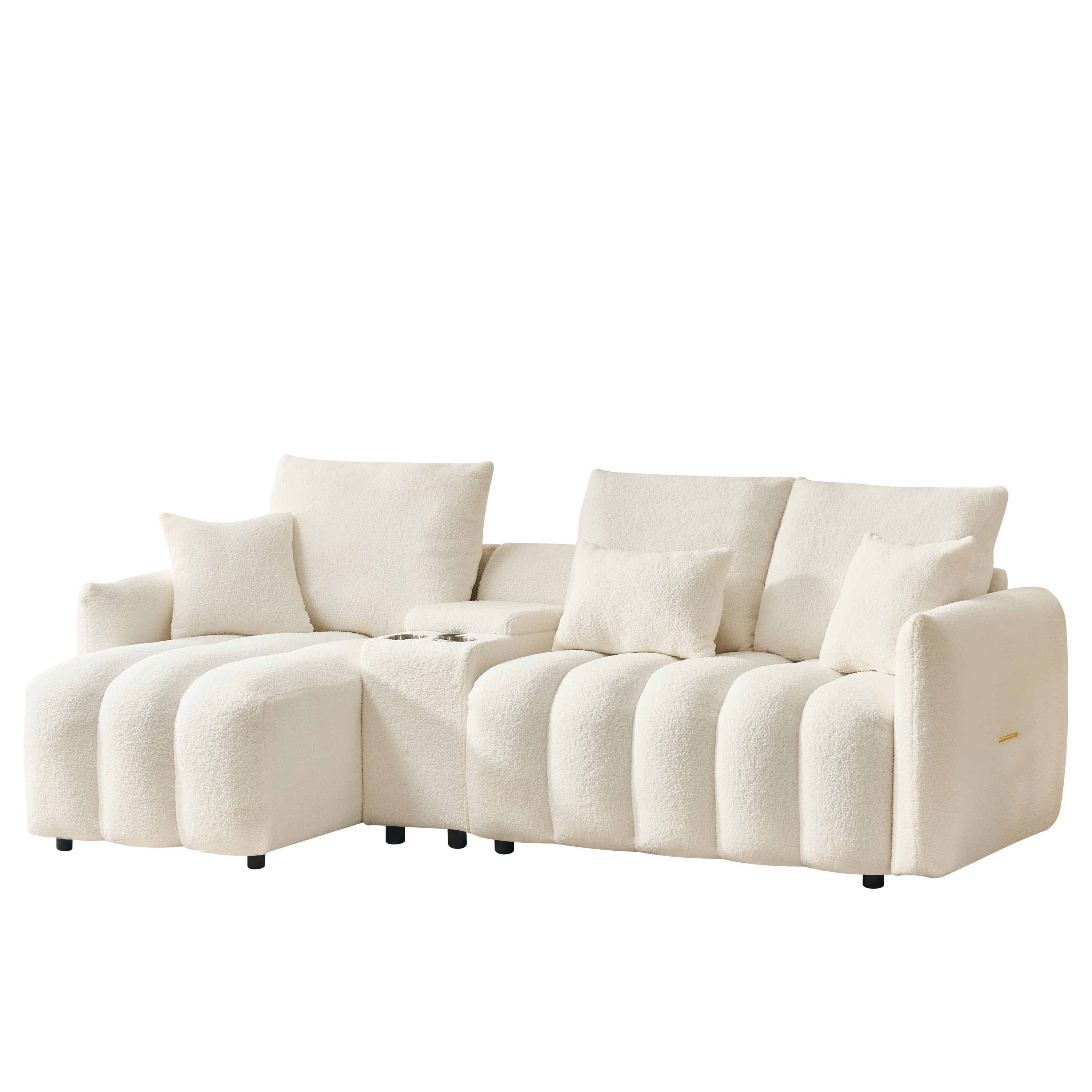 92-inch high-quality teddy fur fabric corner sofa, with USB port, center console and coffee table. A super large cushioned sofa, suitable for grand living rooms, apartments and offices.