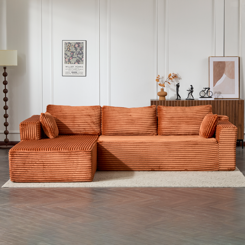 Compression Sectional Couch with Comfy Chaise, Boneless L Shape Sofa with Deep Seat, Minimalist Modular Couches Sleeper for Living Room Bedroom Apartment Lounge,corduroy,Brown