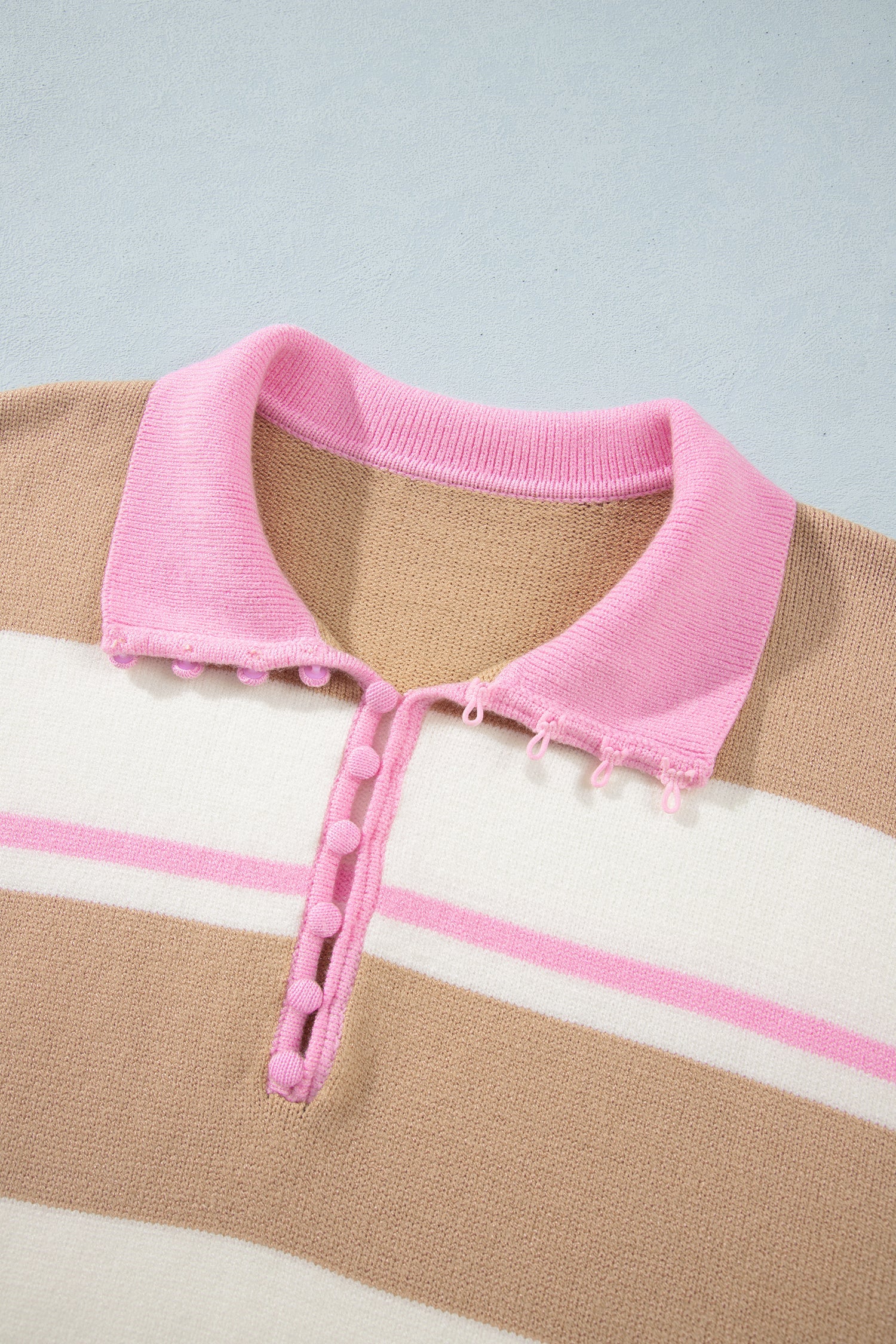 Stripe Colorblock Buttoned Collar Drop Shoulder Sweater