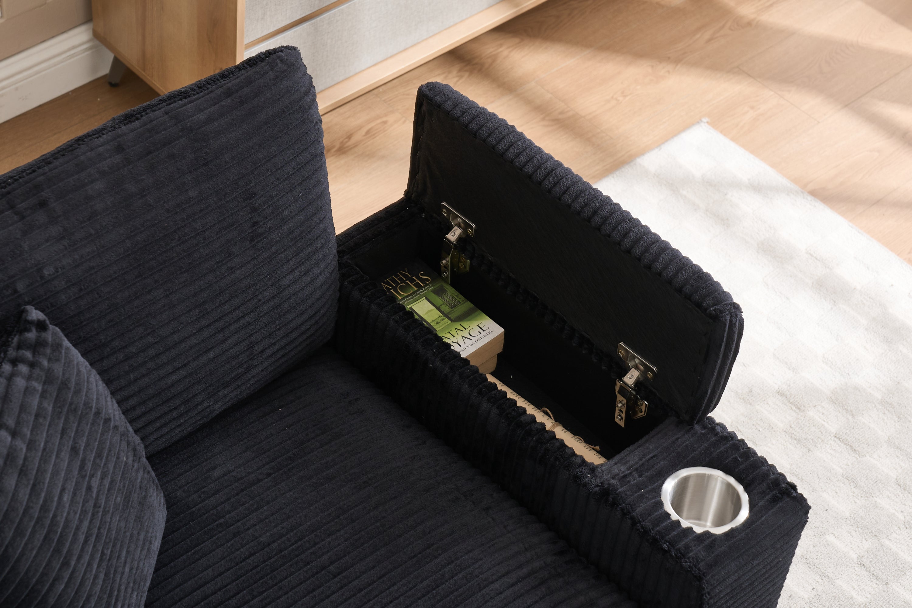 [VIDEO/New]Corduroy Upholstered Chaise Lounge Sofa with Handrail storage,Movable ottoman,Cupholders,Detachable Cushions Deep Seat for Living Room Office,5 colour,Wide stripe corduroy