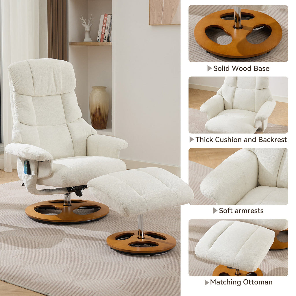 010-Ergonomic Recliner Chair with Ottoman, Modern 360° Swivel Lounge Chair with Footstool, Chenille Fabric, 5 Point Vibration Massage, Seat Heating & 140° Adjustable Backrest for Home or Office, White