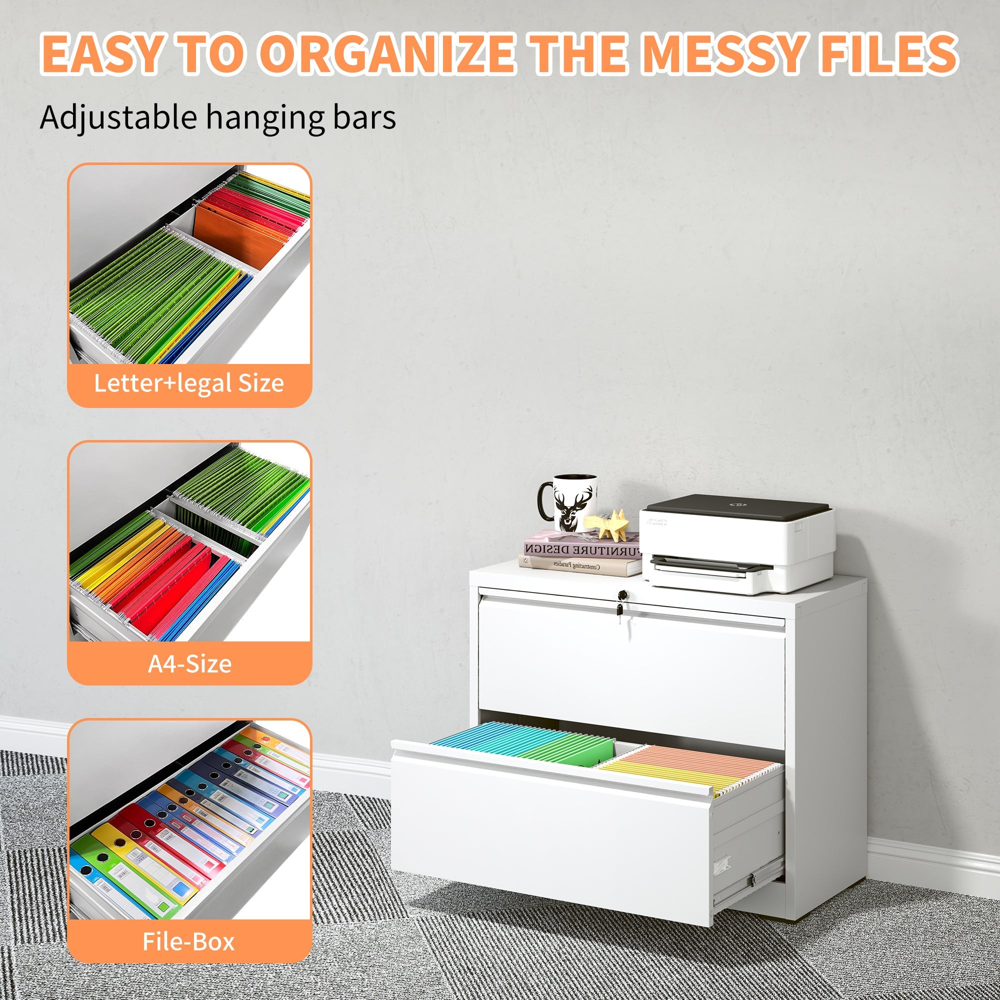 Modern 2-Drawer Steel Lateral File Cabinet with Lock, White Metal Filing Cabinet for Home Office Use
