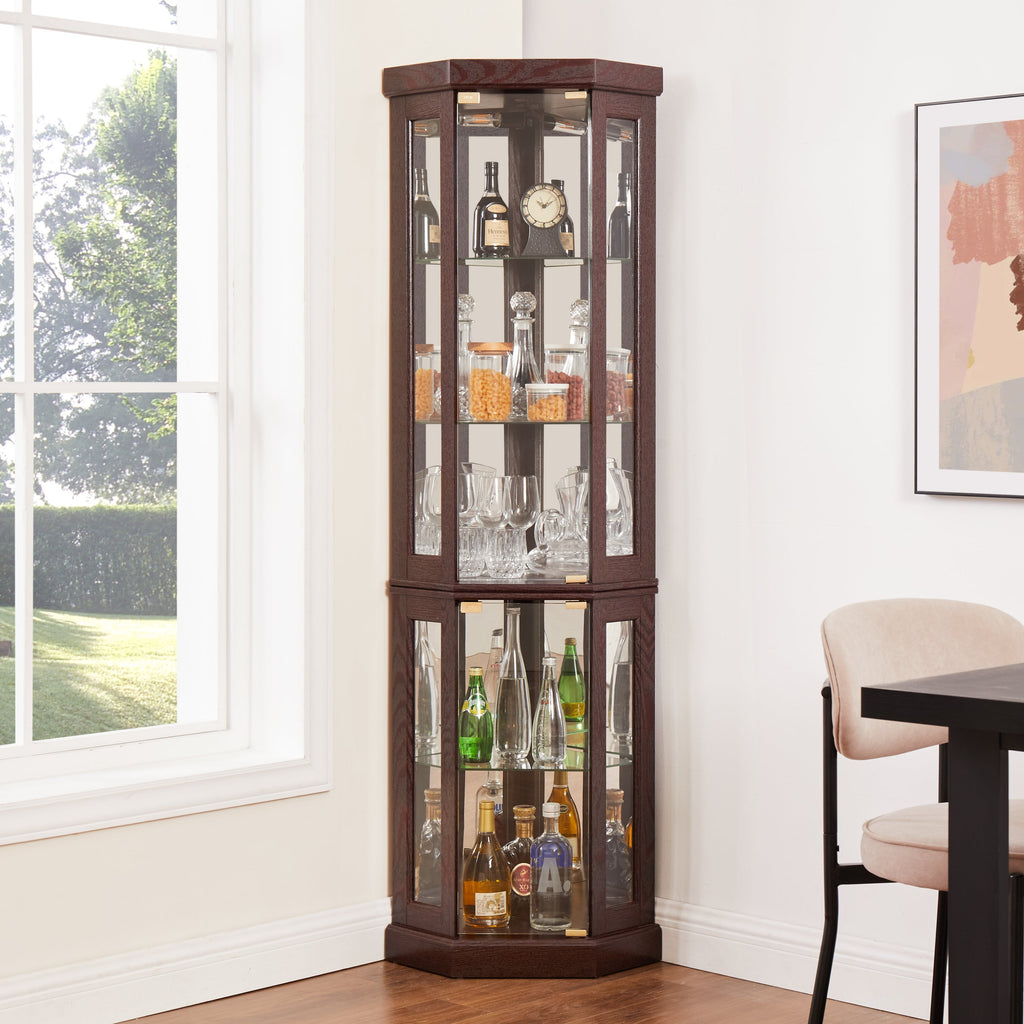 Lighted Corner Curio Cabinet - Display Case for Living Room, Antique Collectibles, Wine & Bar Glass Storage - Elegant Corner Design with Lights Included-Dark Cherry