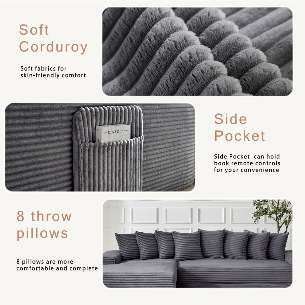[NEW ARRIVED] [VIDEO PROVIDED] Oversize Cloud Couch, L-Shape Sofa, Convertible Floor Sleeper Sofa Bed, No Assembly ,Eight pillows,3-in-1,Side Pocket,(Left Facing Sofa),3 Seat,Corduroy,Dark Gray