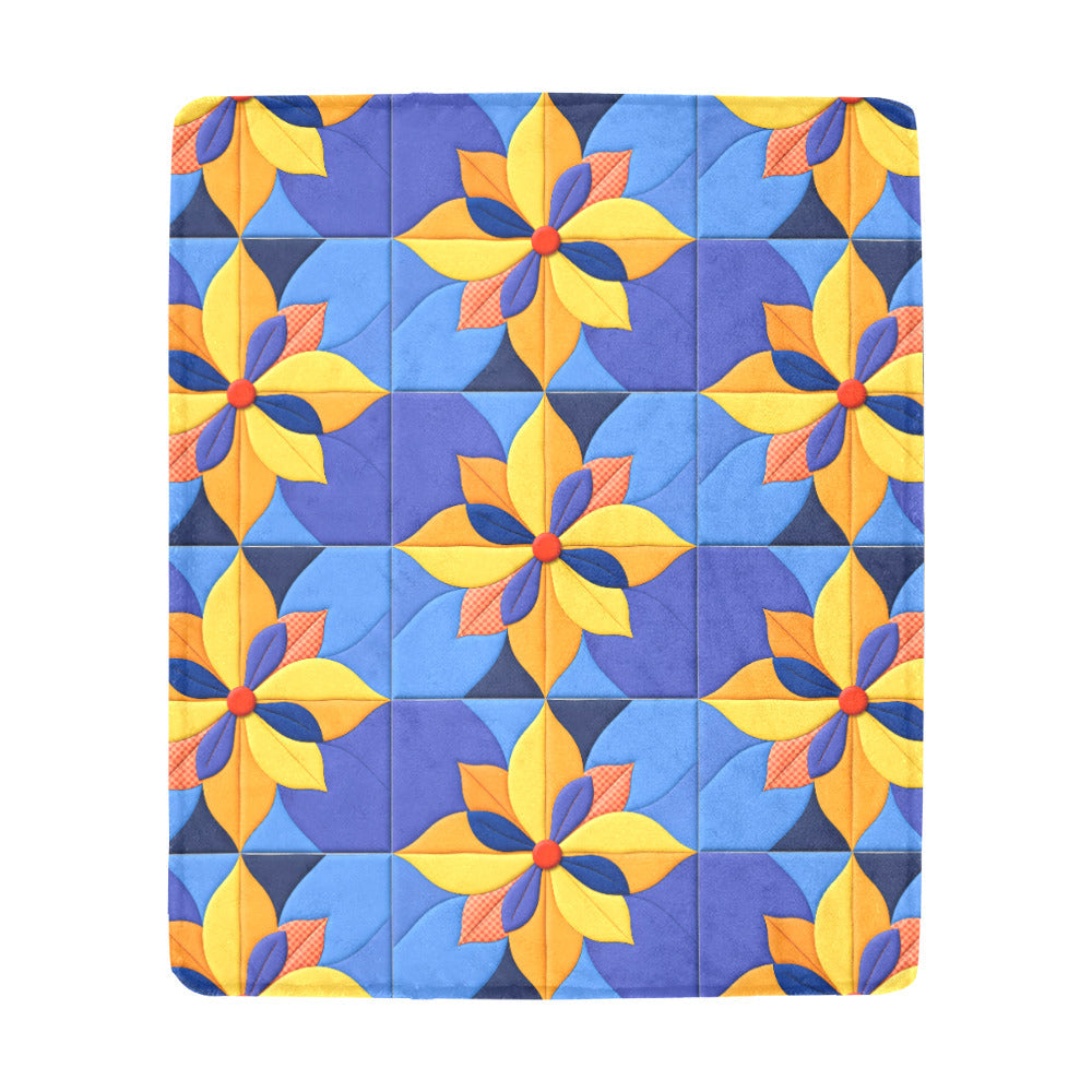 Orange Pinwheels on Blue Faux Quilt Ultra-Soft Micro Fleece Blanket (Made in USA)