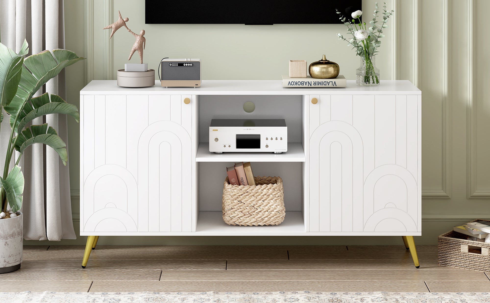 U-Can Modern TV Stand for TVs up to 55 Inches, Entertainment Center Media Console,Adjustable Shelf, Metal Legs, Handles and Anti-tip Device for Living room