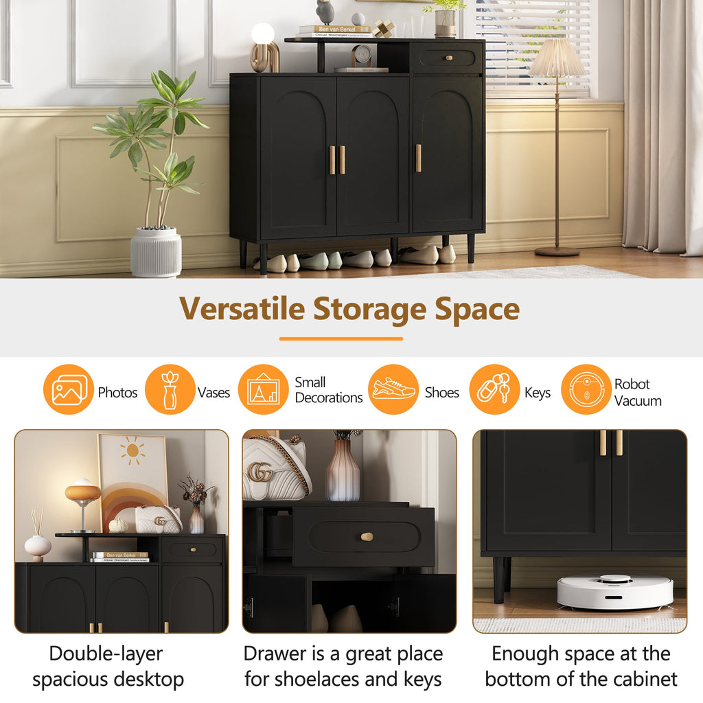 ON-TREND Elegant Shoe Cabinet with Arched Doors and Drawer, Cream Style Storage Sideboard with Adjustable Shelves and Solid Wood Legs for Entryway, Living Room, Black
