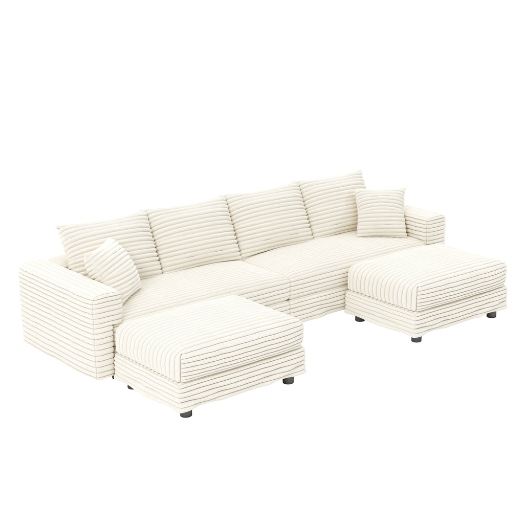 104.3 ' Plush Corduroy 4-Seat Sofa, Modern Comfy Upholstered Sofa Cloud Couch, Deep Seat Couches with Soft Pillows and 2 Ottomans, Convertible Sofa Lounge Chair, for Living Room,Apartment,Office,Beige