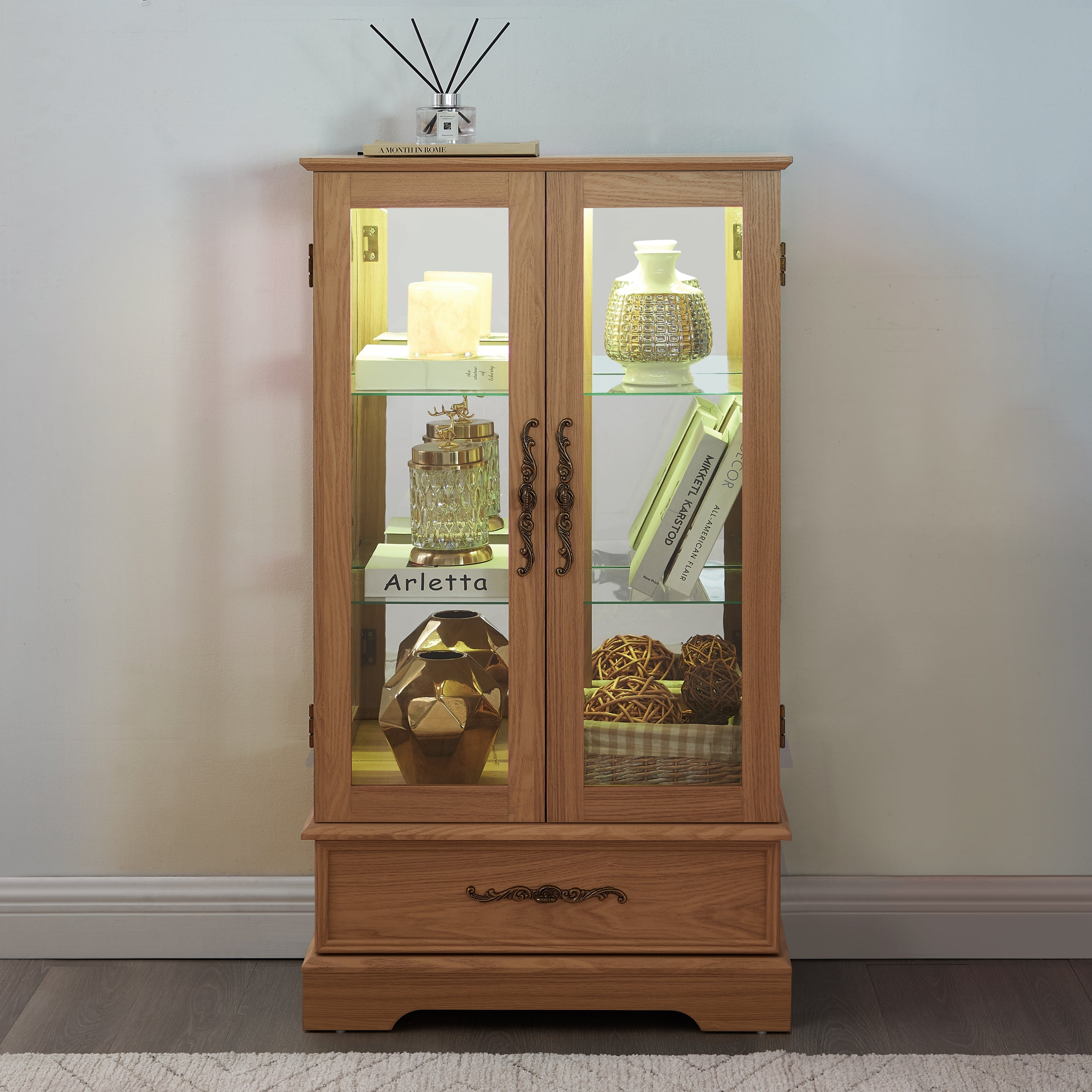 Lighted Glass Curio Display Cabinet with Adjustable Shelves - 2 Doors, 1 Drawer, LED Lights, Elegant Light Oak Finish