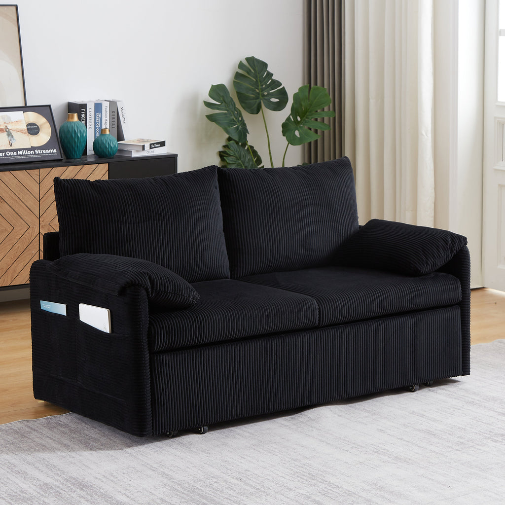 MH'' 64.5 Inch Sleeper Sofa Bed  3-in-1 Adjustable Sleeper with Pullout Bed   2 Pillows and Side Pockets  Soft Corduroy Convertible Sleeper Sofa Bed for Living Room Bedroom Apartment Office