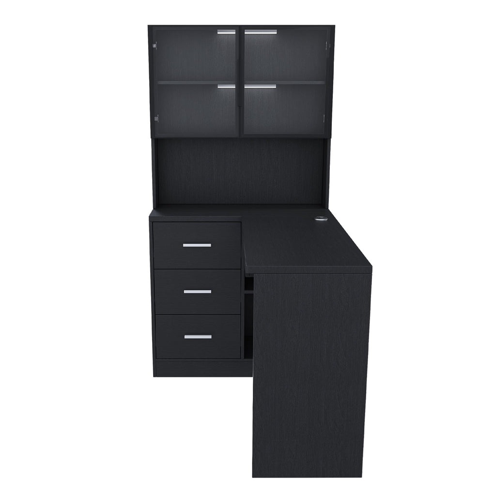 Black L-Shaped Computer Desk with Glass Cabinets, Built-In LED Lights, USB Charging Ports, and Keyboard Tray - Ergonomic Office Furniture for Home and Corporate Workspaces