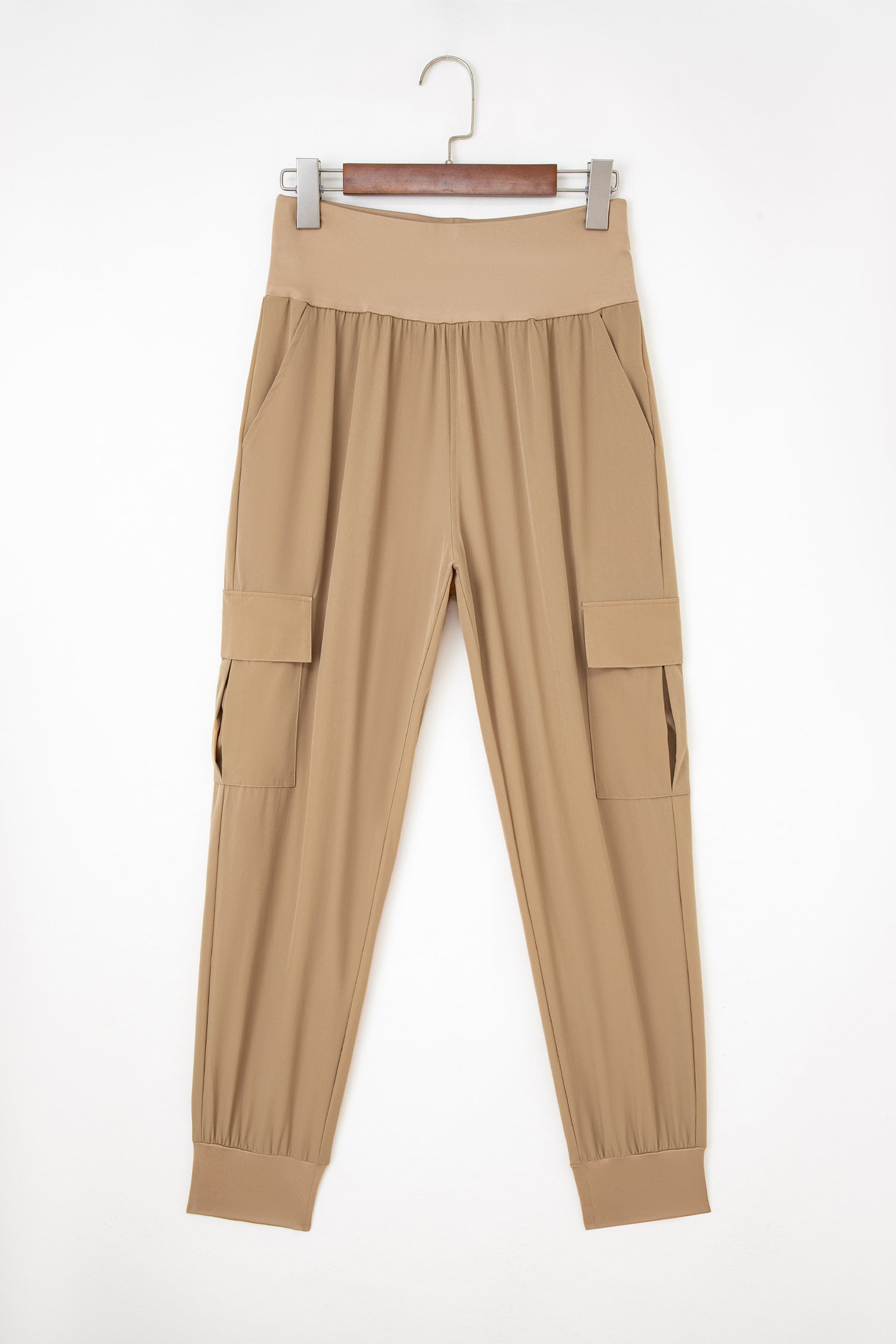 Solid Elastic High Waist Pocketed Cargo Jogger Pants