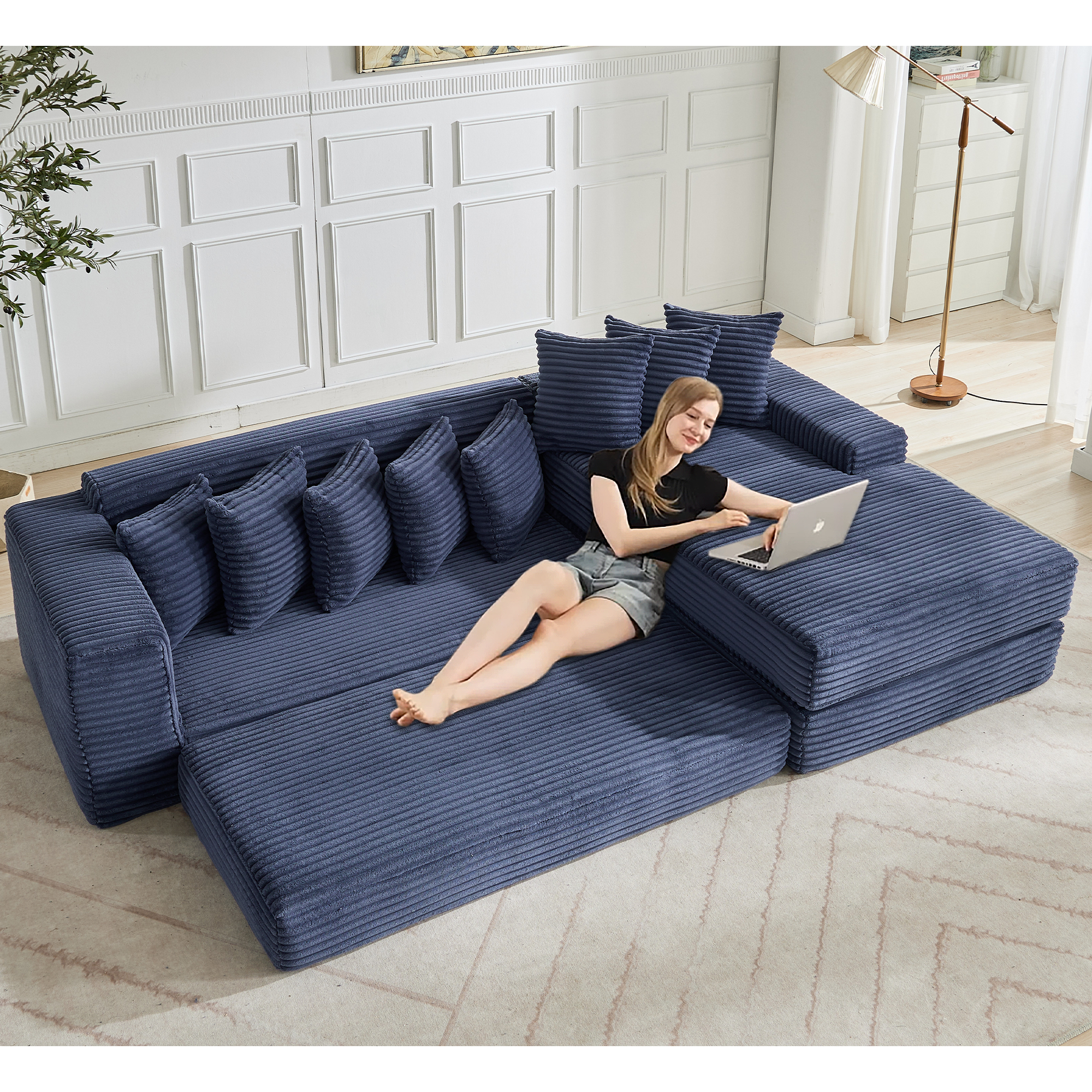 [NEW ARRIVED] [VIDEO PROVIDED] Oversize Cloud Sectional Couch, L-Shape Sofa, Convertible Floor Sleeper Sofa Bed, No Assembly ,Eight pillows,3-in-1,Magazine bag,(Right Facing Sofa),3 Seat,Corduroy,Blue