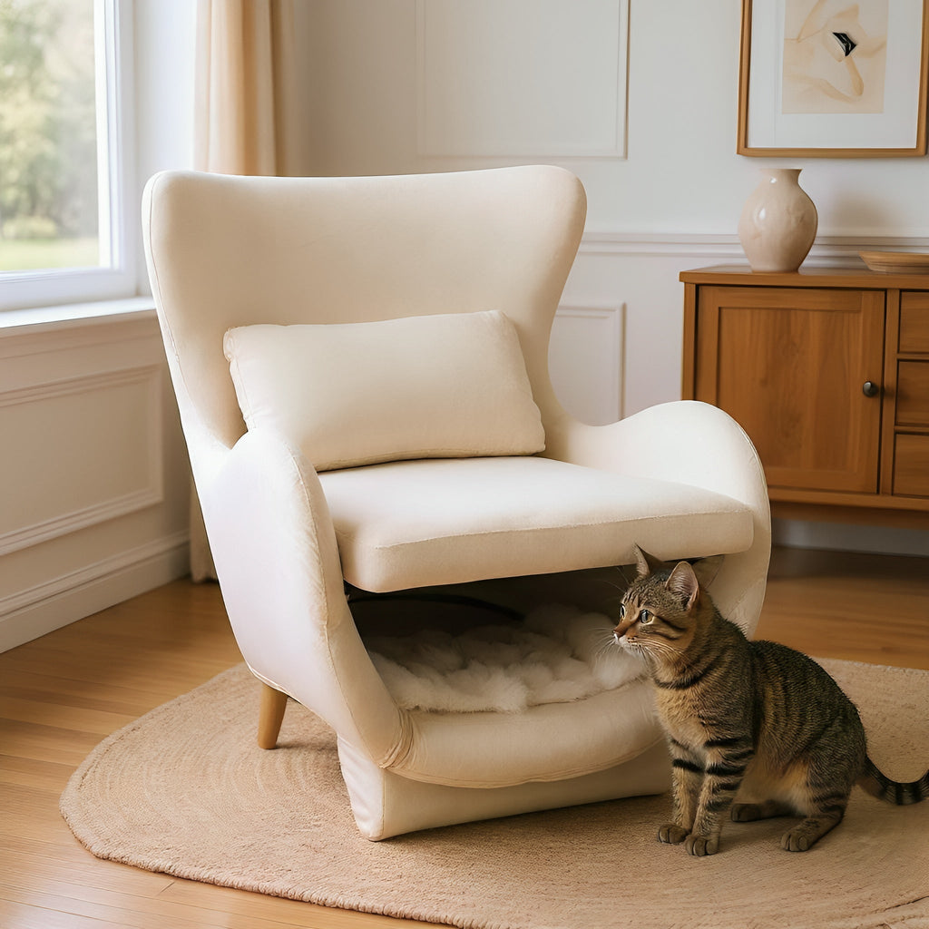 Furniture Style 2 in 1 Pet Friendly  Modern Velvet Lounge Chair, Upholstered  Back Accent Chair Leisure Single Sofa Chair for Living Room Office, White