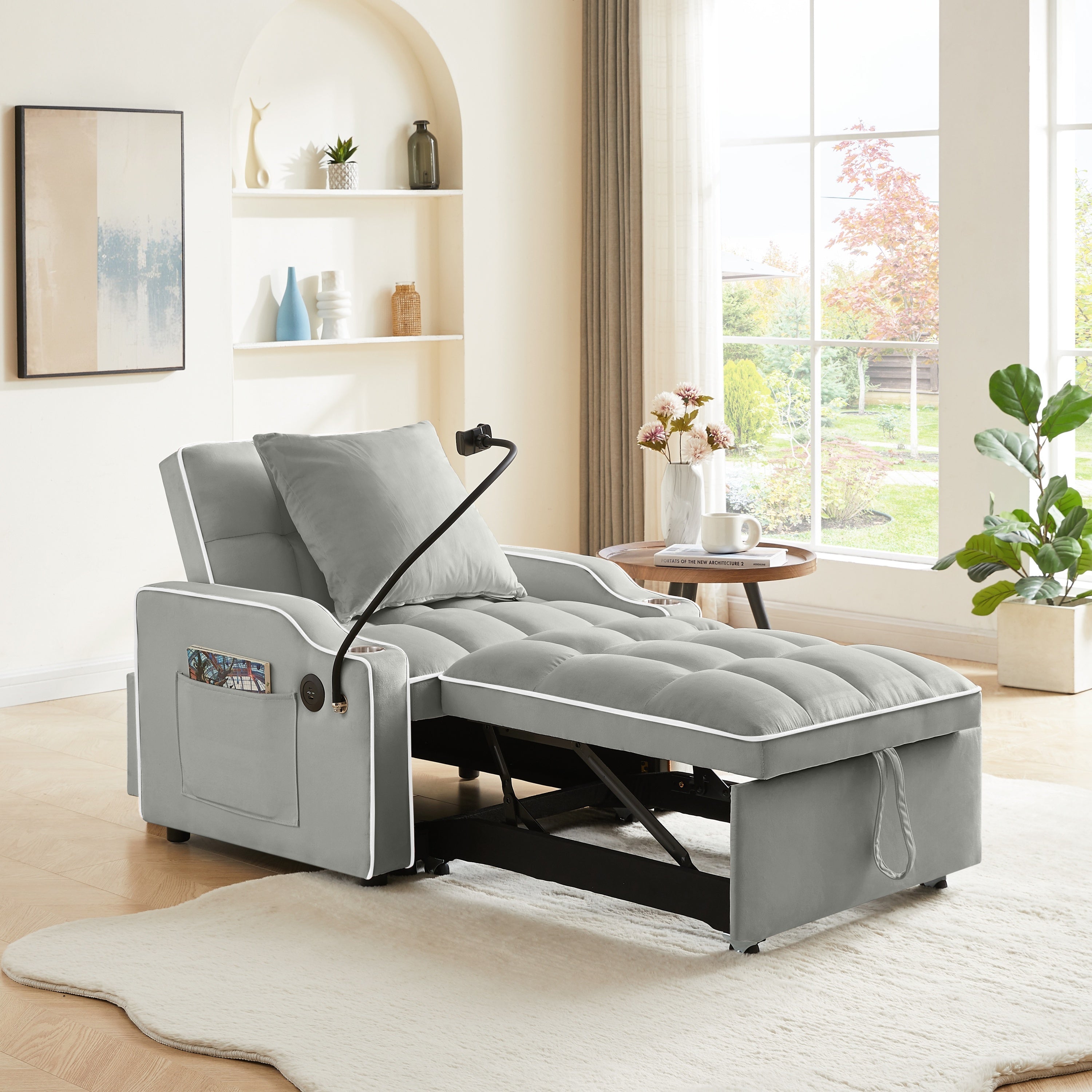 3-in-1 Convertible Sleeper Chair Sofa Bed, Adjustable Pull Out with Multi-Pockets in Gray Velvet