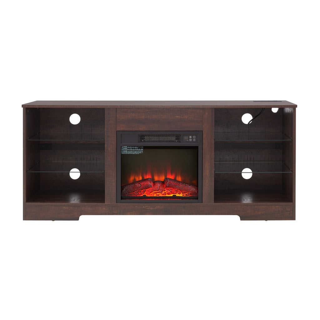 TV Stand Electric Fireplace  Glass Shelves, 3D Fireplace TV Stand with LED Lights Wood with USB Charging Outlet Modern Television Table Center for TV up to 62' ESP, 58''W*15.5''D*24.4