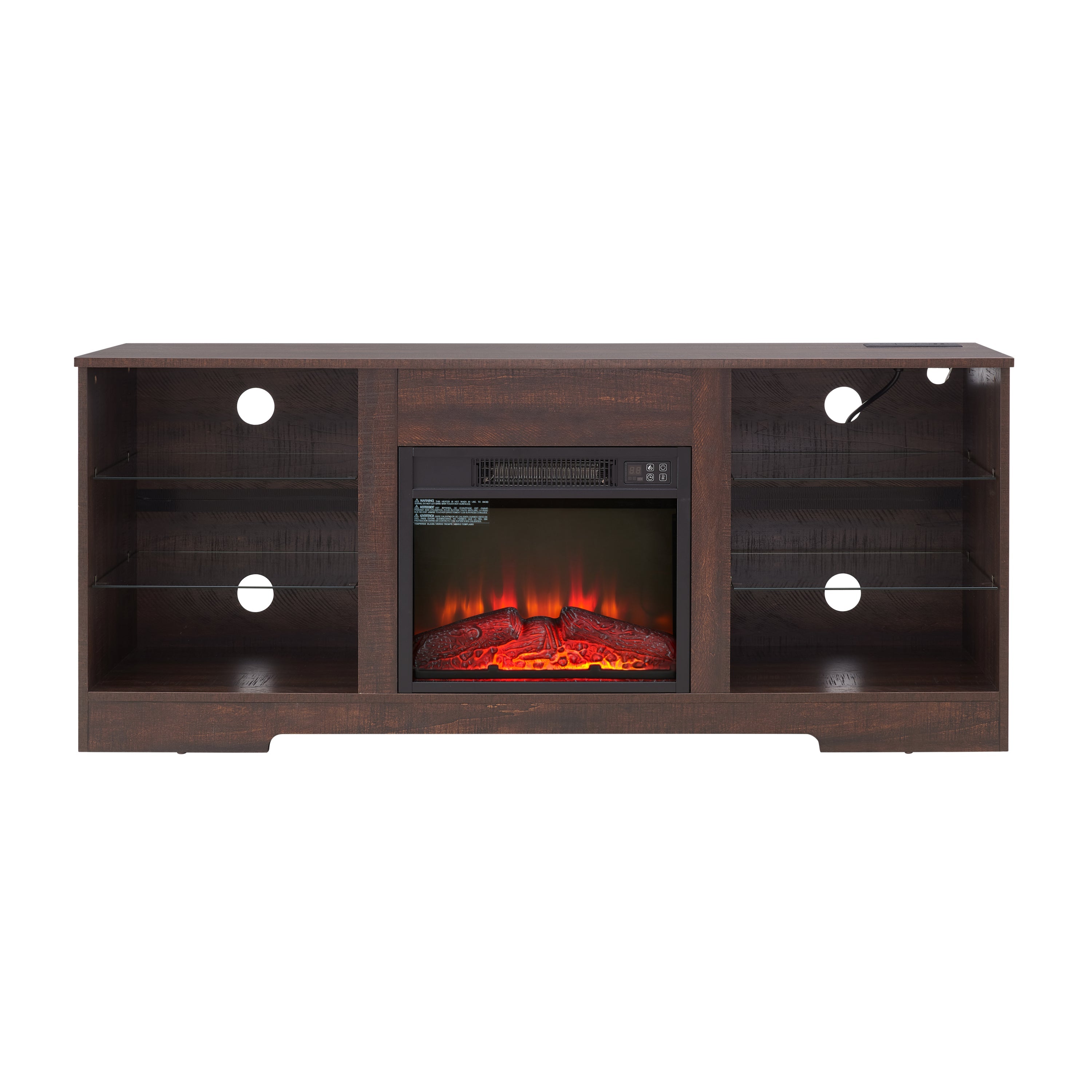 TV Stand Electric Fireplace  Glass Shelves, 3D Fireplace TV Stand with LED Lights Wood with USB Charging Outlet Modern Television Table Center for TV up to 62' ESP, 58''W*15.5''D*24.4