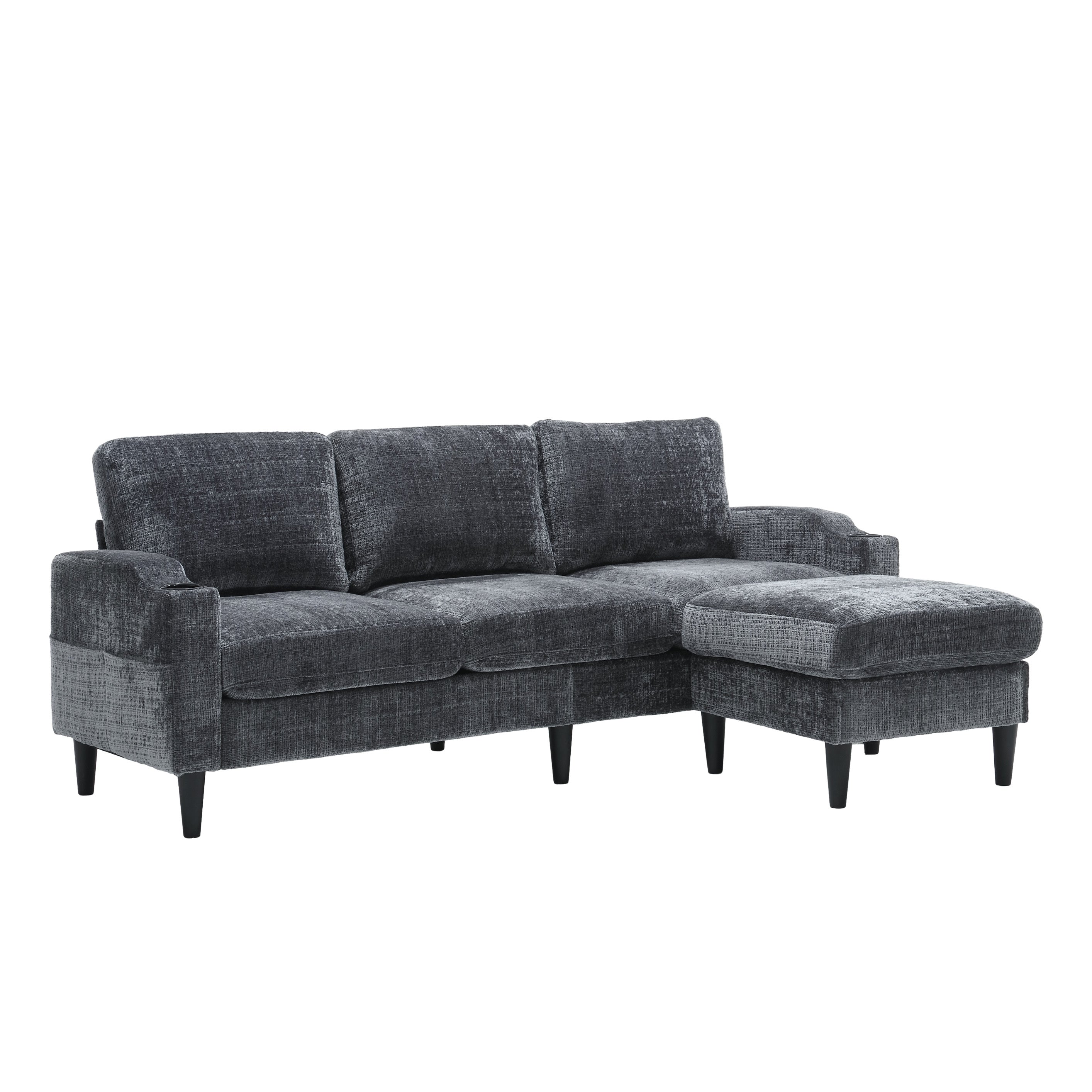 UNITED  WE WIN Sofa for three, solid wood frame, Chenille fabric, side pocket, with two cup holders, footstool with storagestorage sofa /Living room sofa cozy sectional  sofa