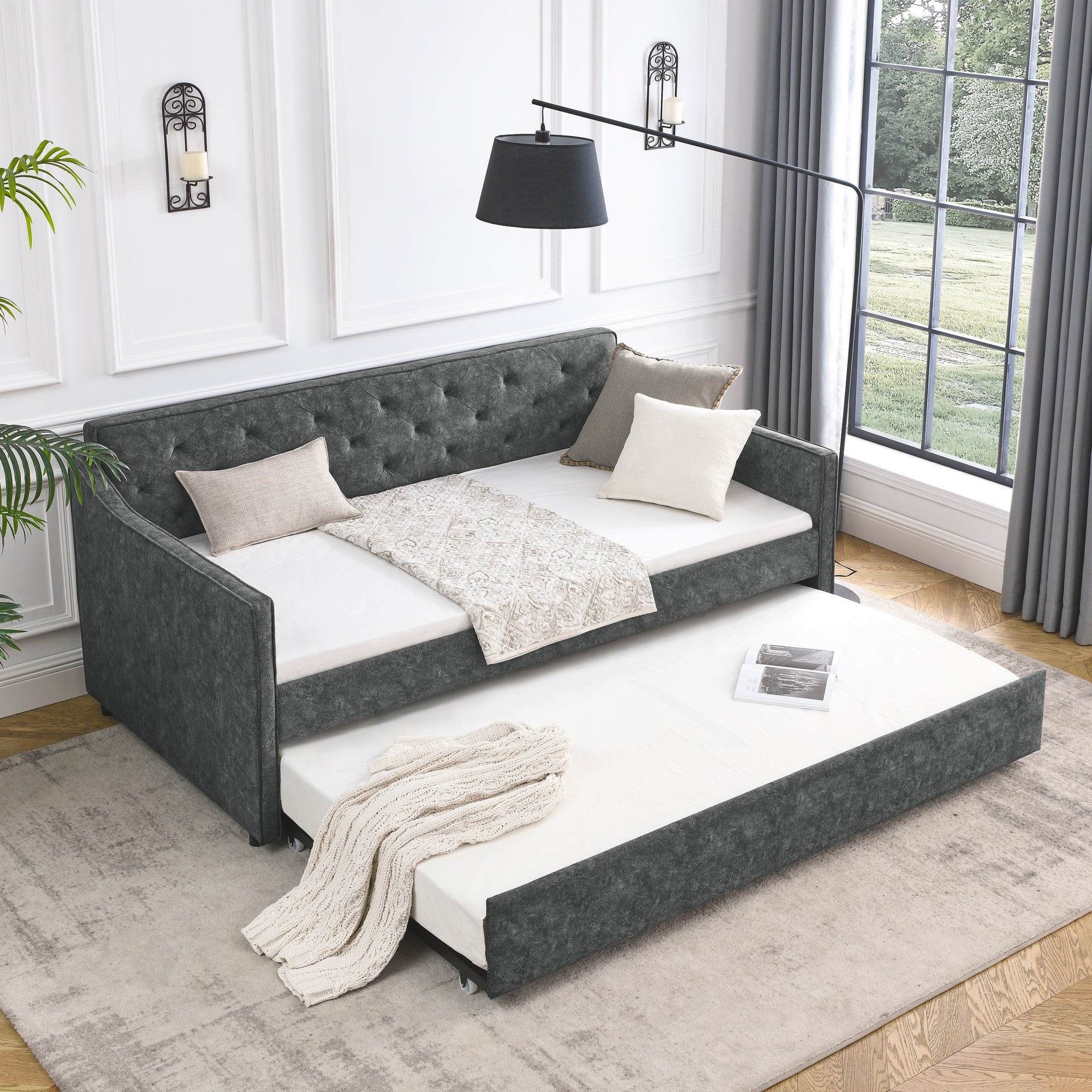Twin Size Daybed with Twin Size Trundle Upholstered Tufted Sofa Bed,  Waved Shape Arms, Grey (80.5'x44.5'x33.5')