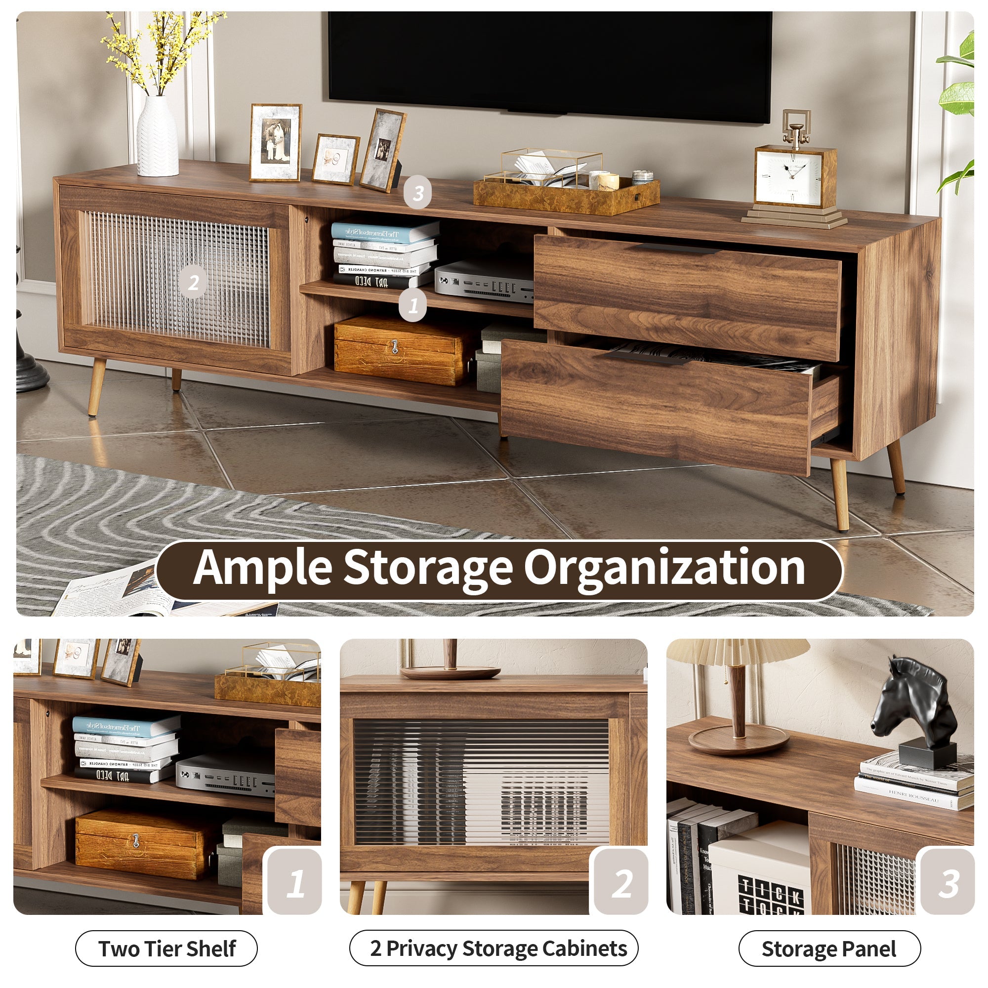 Modern TV Stand for 75'+ TV, TV Console with 2 Glass Doors, Entertainment Center with 2 Drawers & Storage Cabinet, 70' Media Console Table for Living Room, Bedroom