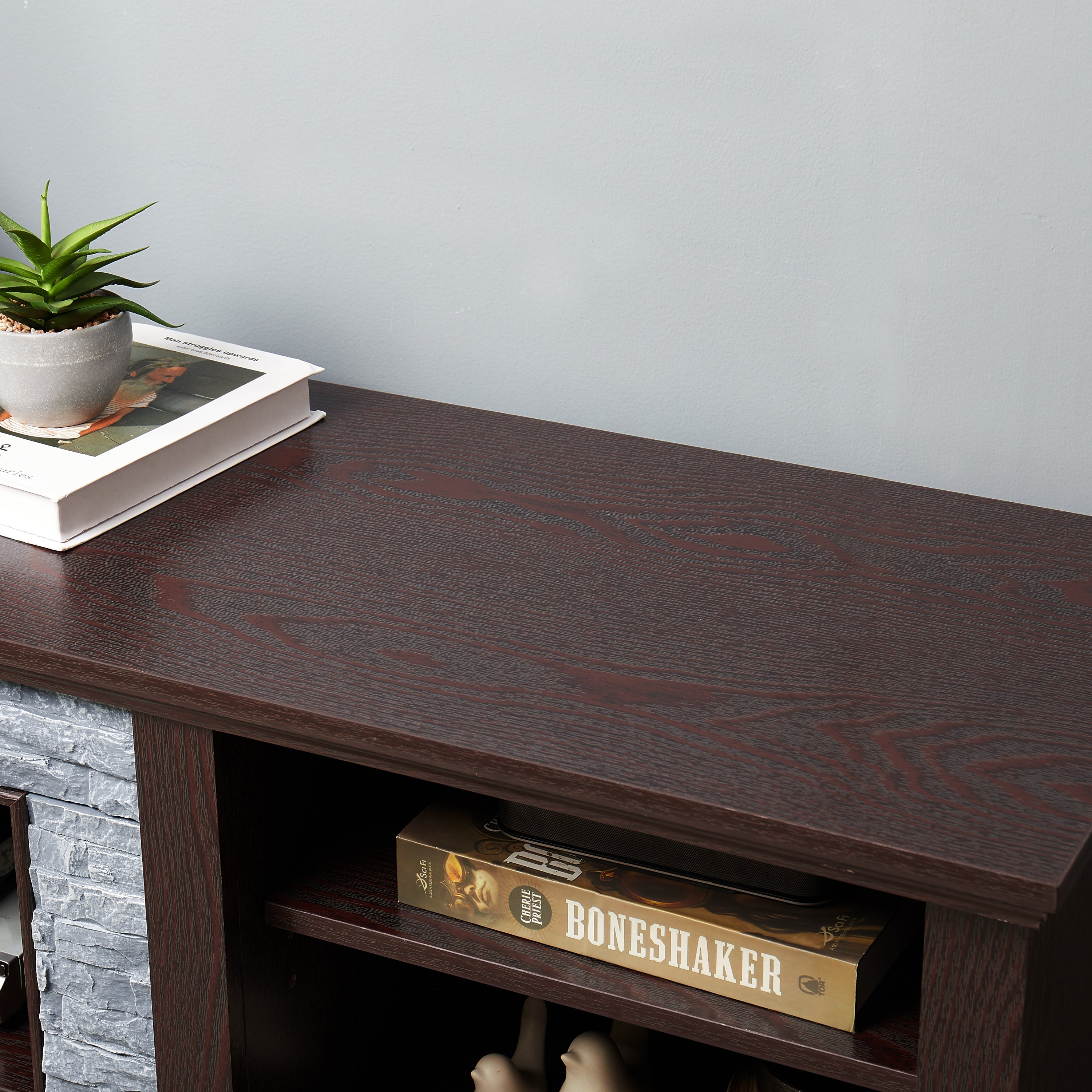Large Faux Stacked Stone TV Stnad, Desk Storage Rack, Media Console Table with Large Storage Cabinet,Modern TV Media Entertaionment Stand,Cherry, 70.12'W*15.35'D*25.83'H