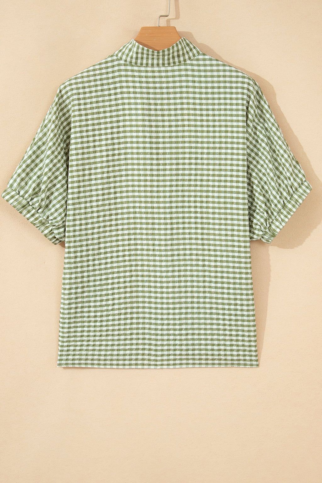 Gingham Plaid Colorblock Trim Split Neck Blouse