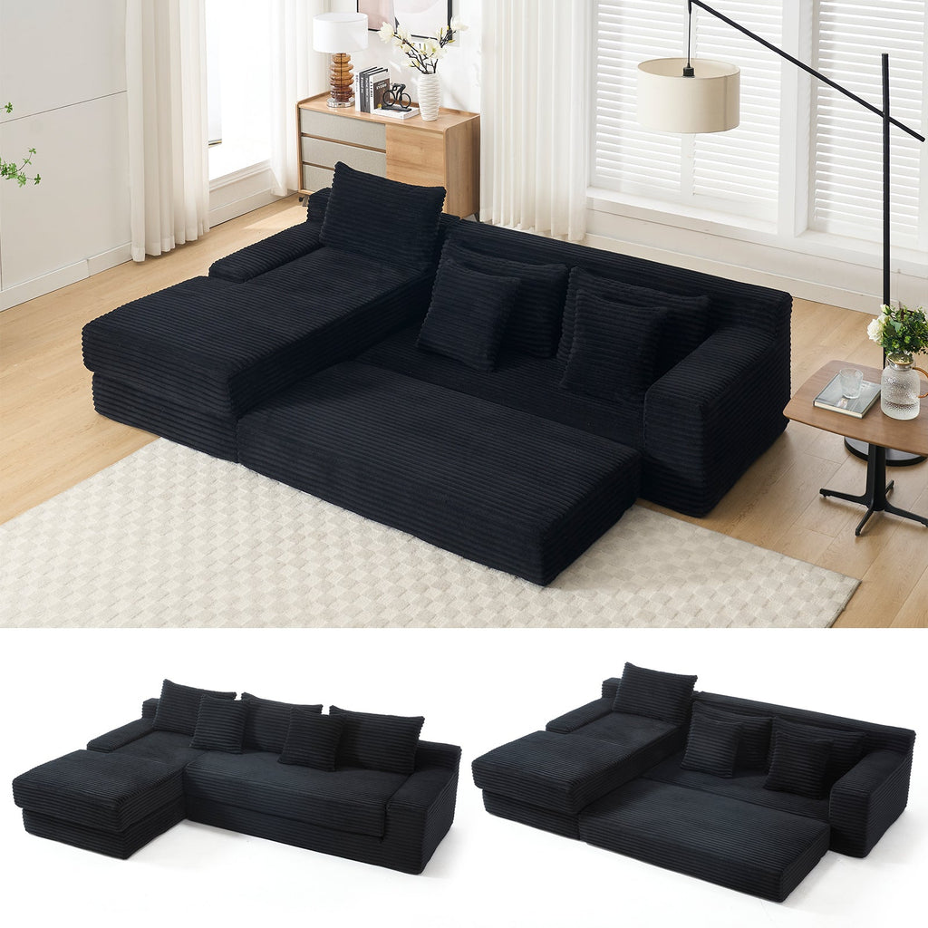 Modern L-Shaped Sectional Couch with Memory Foam and Steel Frame in Black Corduroy for Living Room
