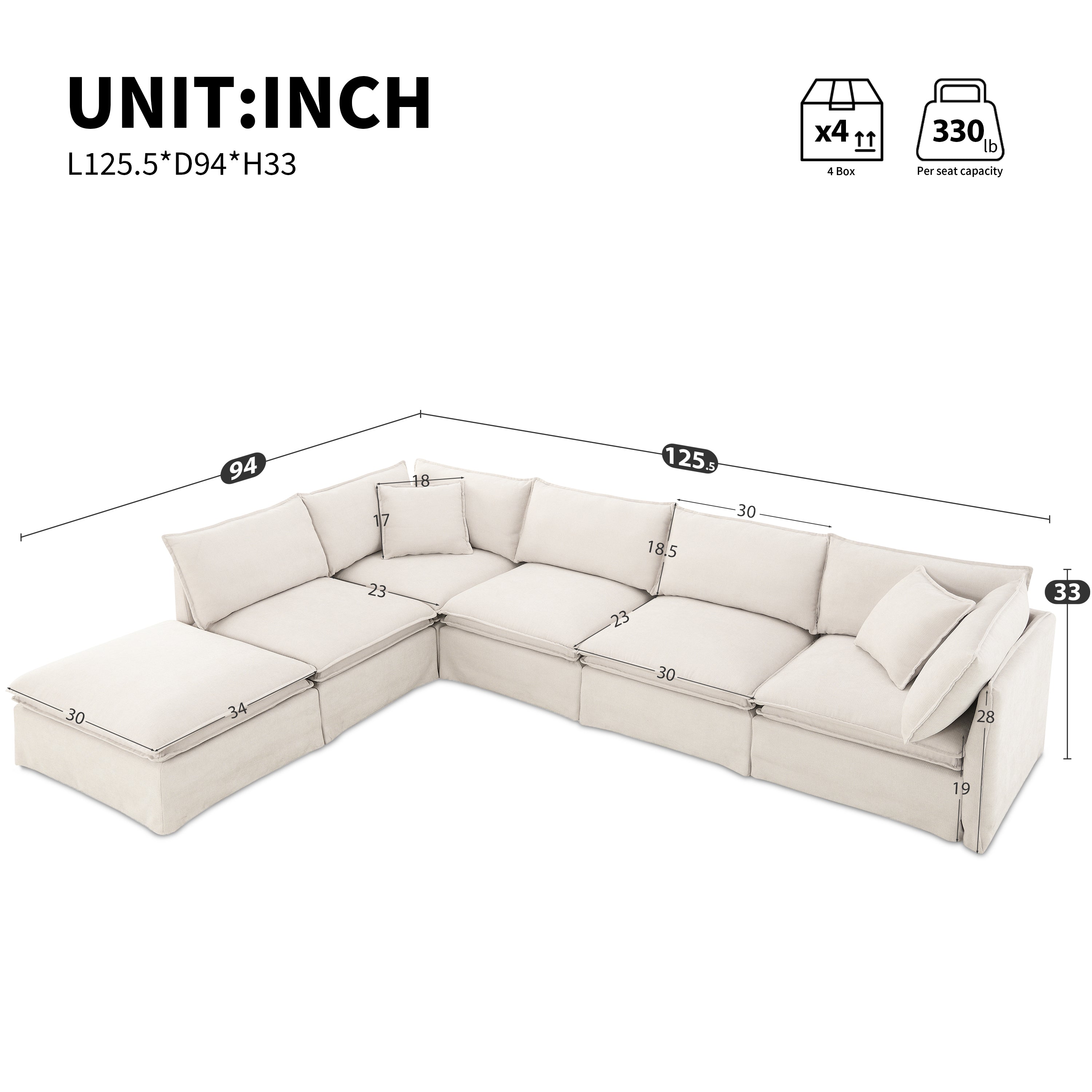 [VIDEO+NEW]125.5'' Modular Sectional Sofa with Movable Ottoman,6-seat L pholstered Indoor Furniture, Wide Seat ,Free Combination, Oversized Chenille Sofa for Living Room & Apartment,2 Colors
