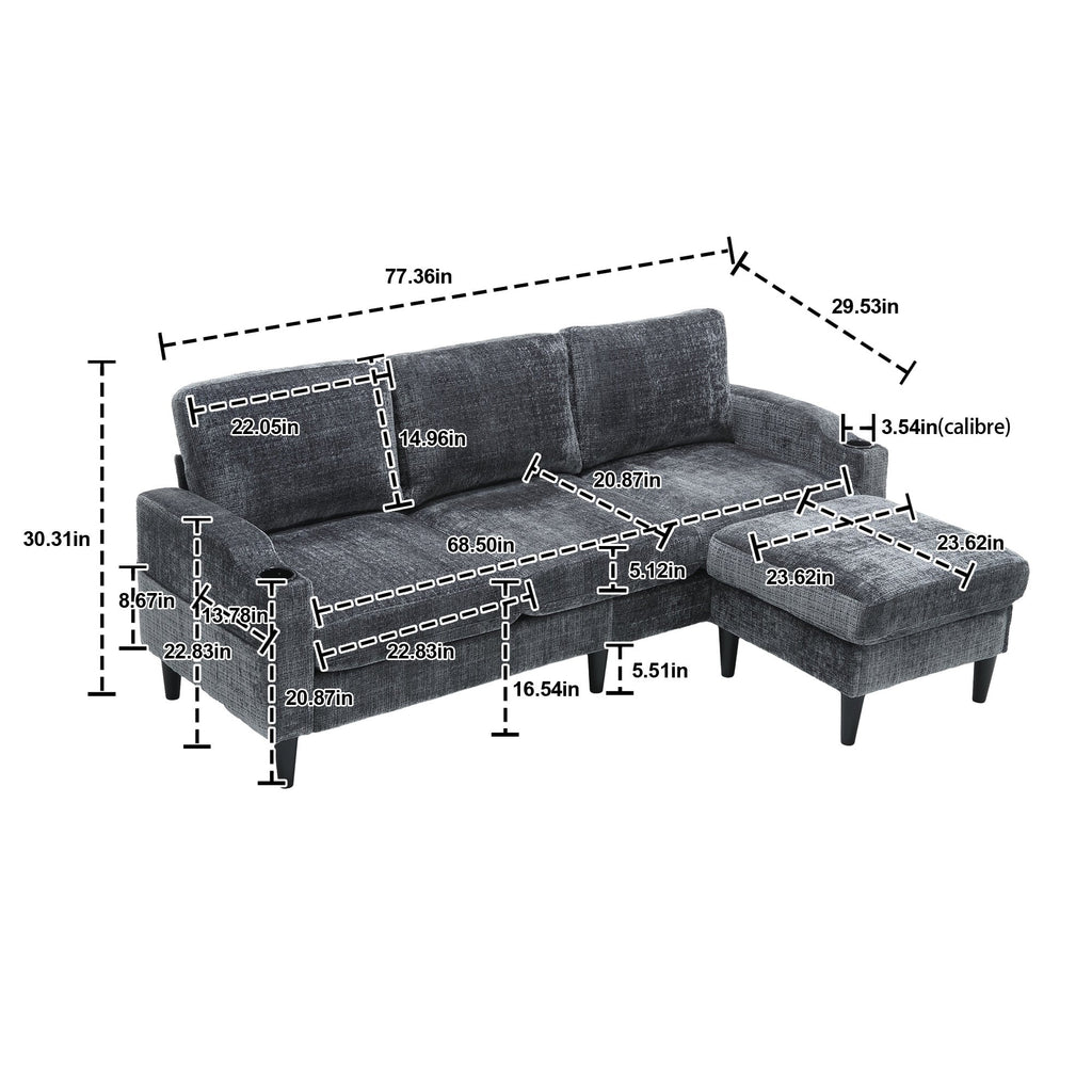 UNITED  WE WIN Sofa for three, solid wood frame, Chenille fabric, side pocket, with two cup holders, footstool with storagestorage sofa /Living room sofa cozy sectional  sofa